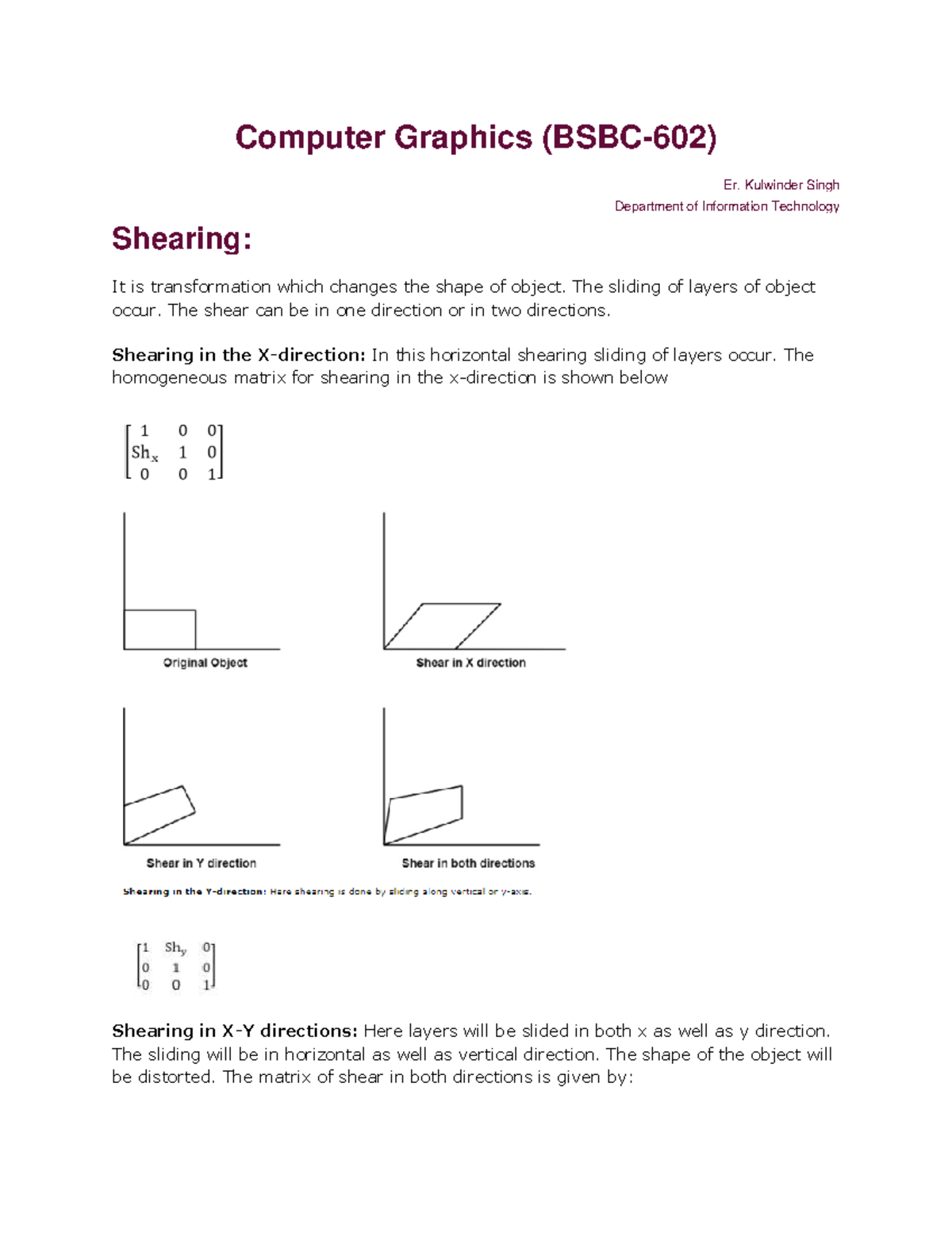 Computer Graphics: Shearing and Transformations - BSBC 602 - Studocu