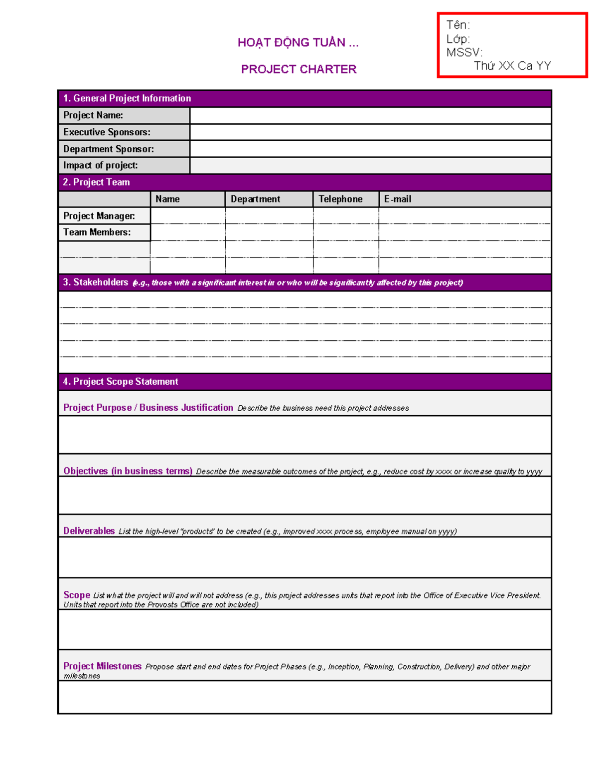 Project Charter Template for Week XX, Class YY - Studocu