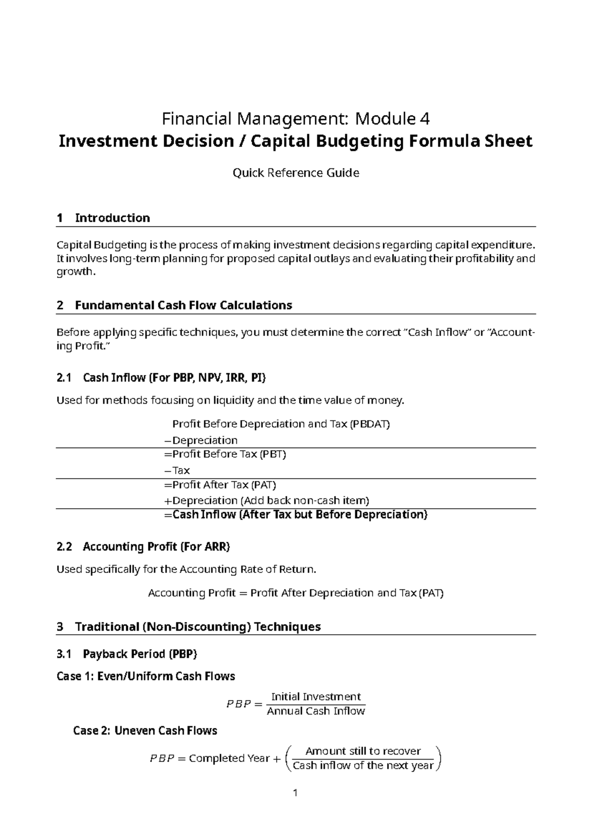 Financial Management: Module 4 Capital Budgeting Formula Sheet - Studocu