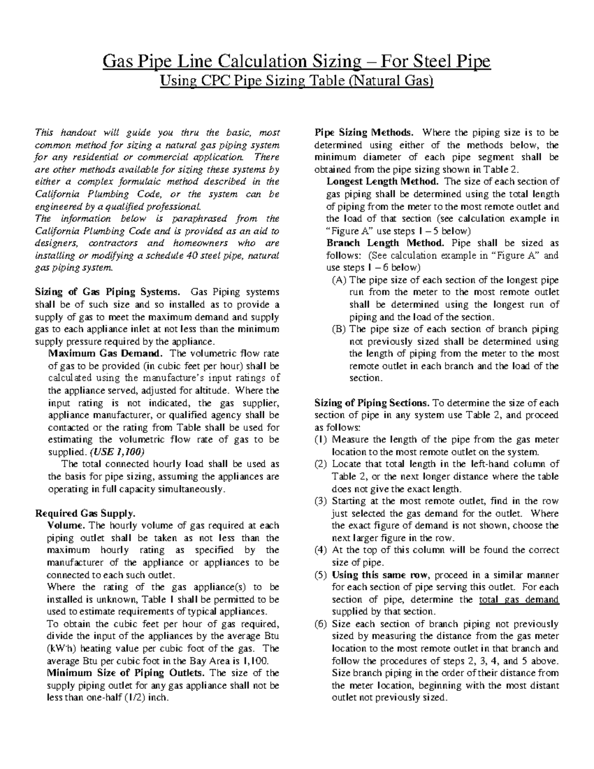 Gas Pipe Line Sizing for Steel Pipe: A Guide to CPC Methods - Studocu