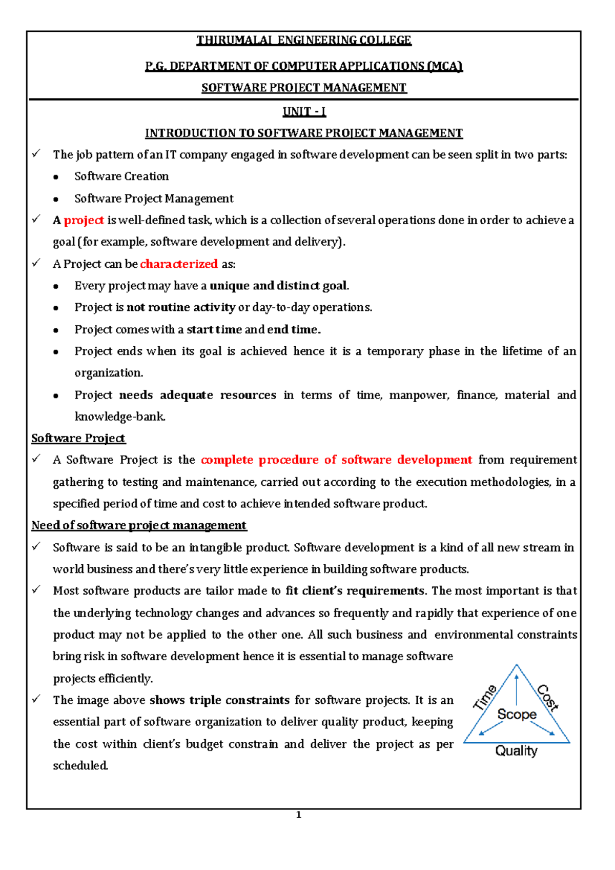 MCA SPM Unit I: Introduction to Software Project Management Notes - Studocu