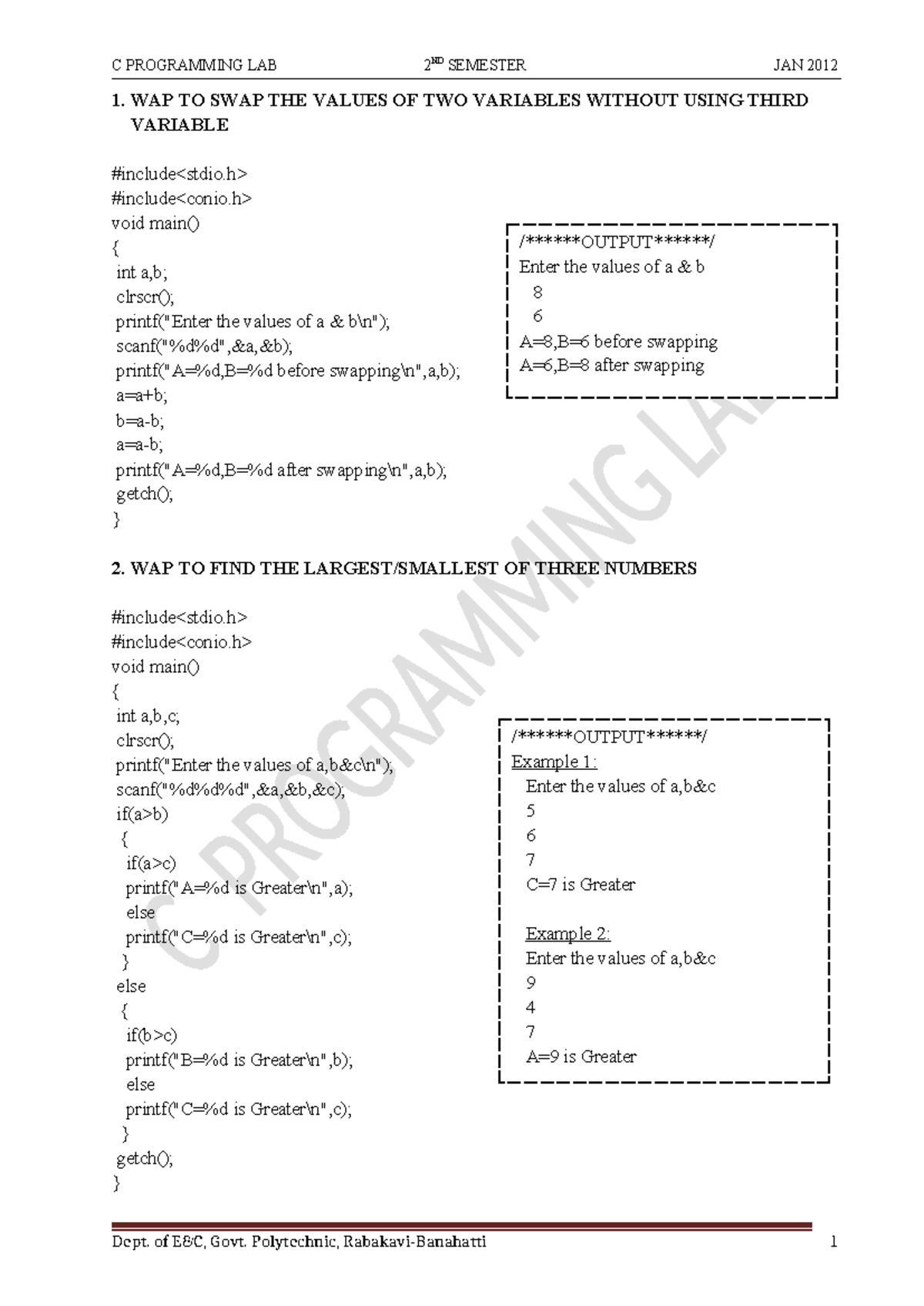 C PROG. Manual - VTU: Practical Programs & Examples for 1st Year - Studocu