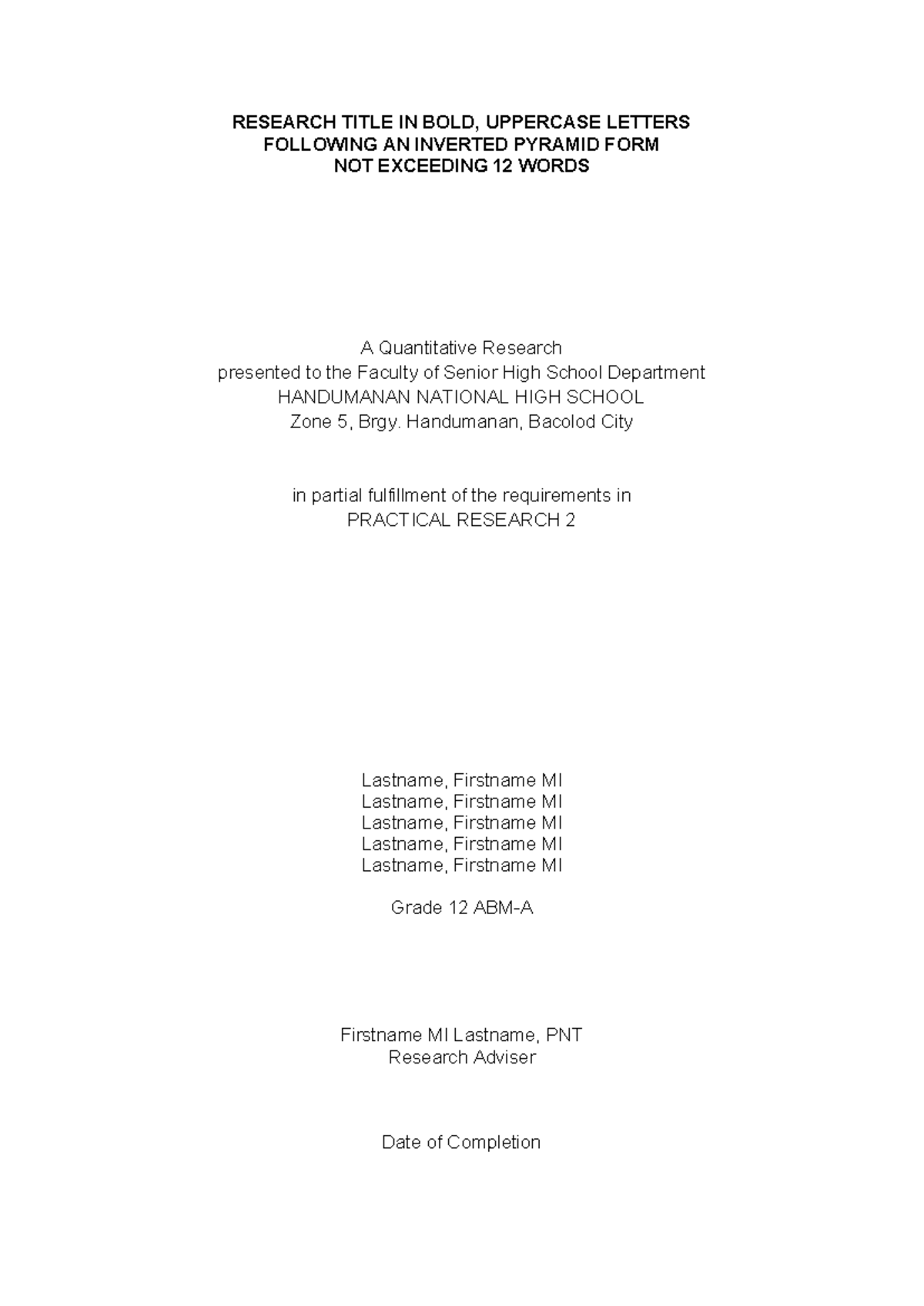 QUANTITATIVE RESEARCH PAPER FORMAT FOR PRACTICAL RESEARCH 2 - Studocu