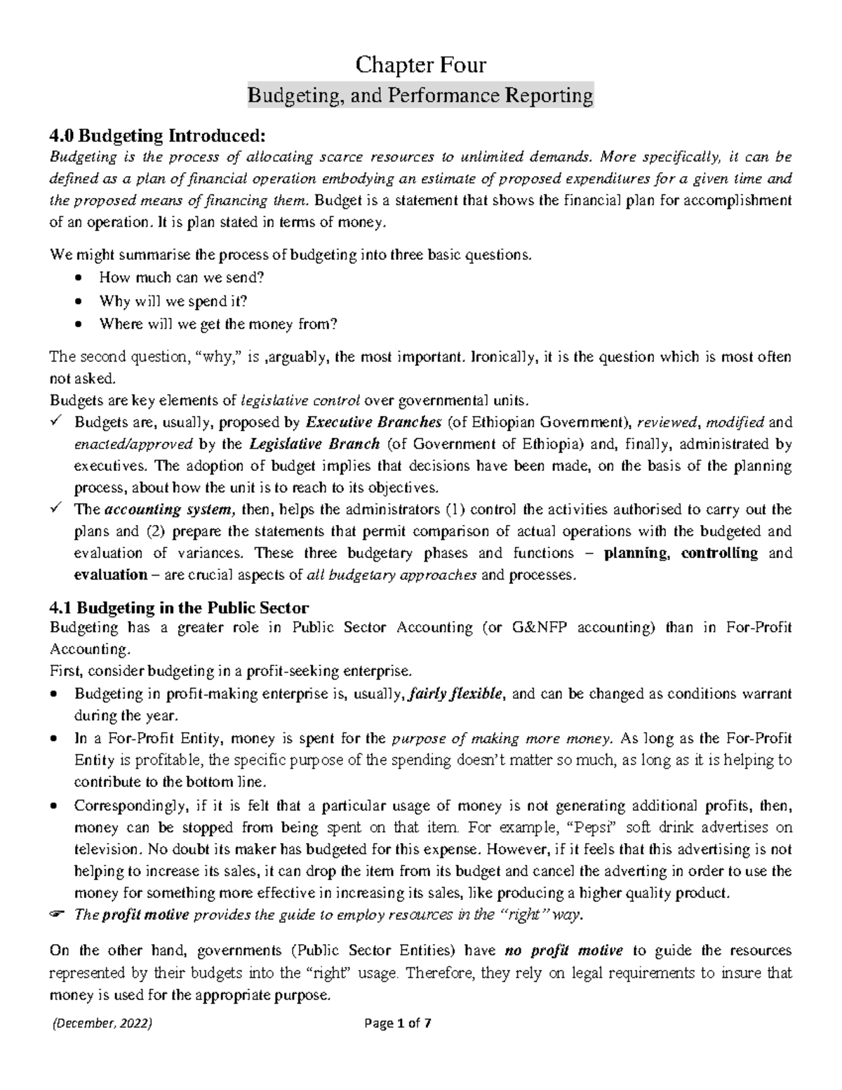 Ac Fn3071 Chapter 4: Budgeting and Performance Reporting - Studocu