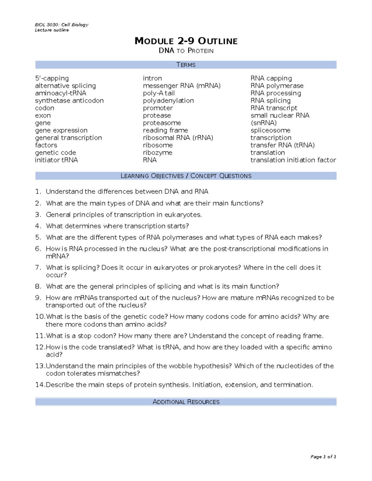 BIOL 3030: Cell Biology Lecture Notes on DNA to Protein Transcription ...