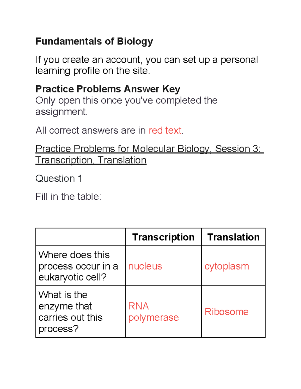 Molecular Biology Practice Problems Answer Key (Session 3) - Studocu
