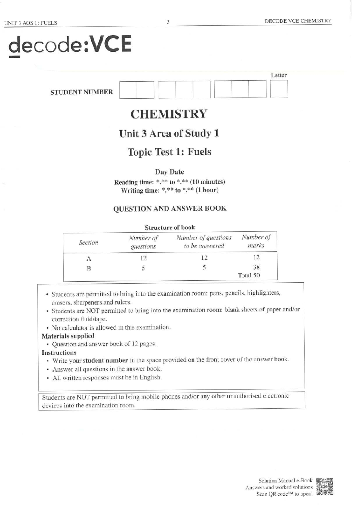 UNIT 3 AOS 1: FUELS VCE CHEMISTRY TOPIC TEST 1 (2024) - Studocu