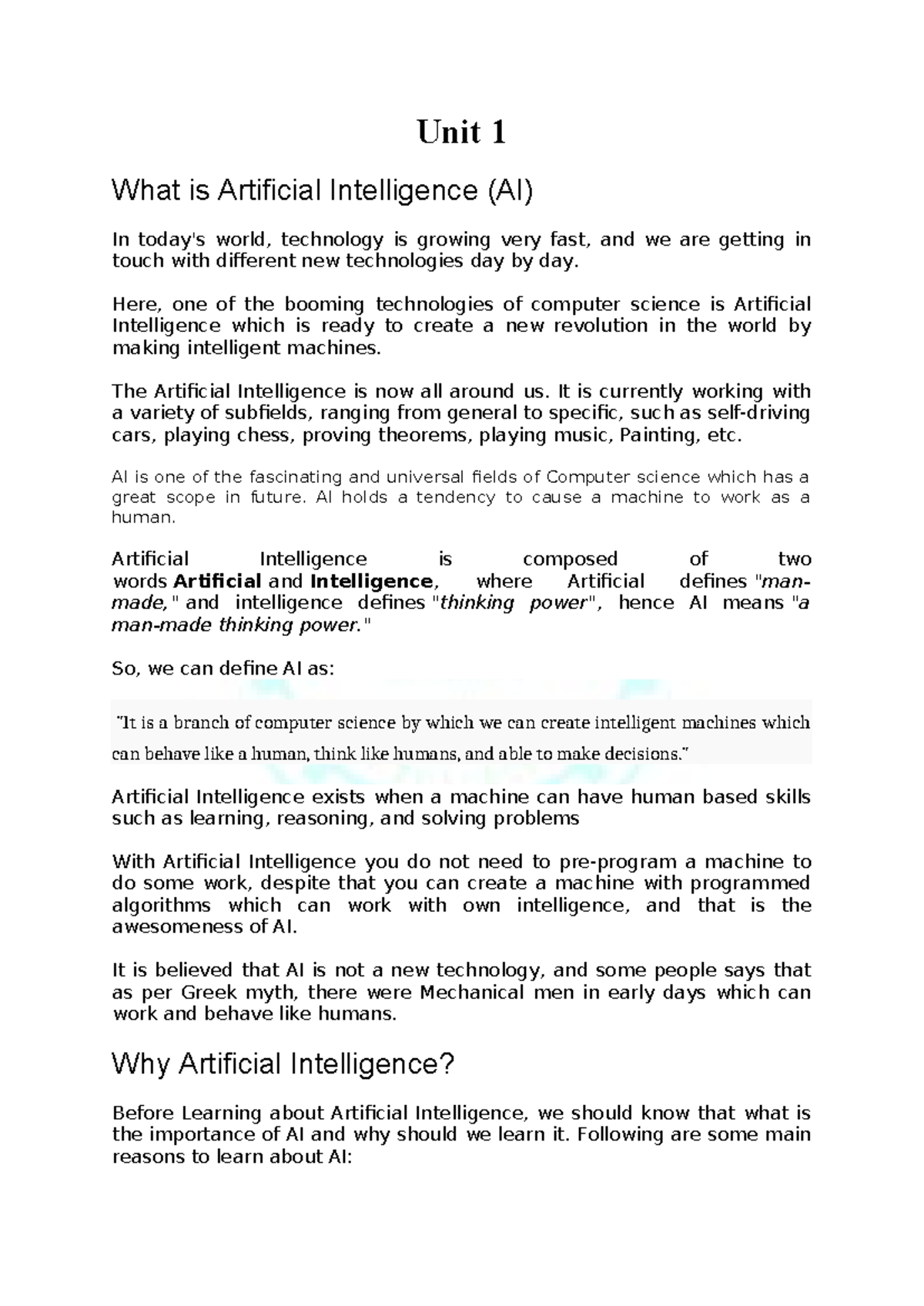 Aci chapter 1 - aci notes - Unit 1 What is Artificial Intelligence (AI ...