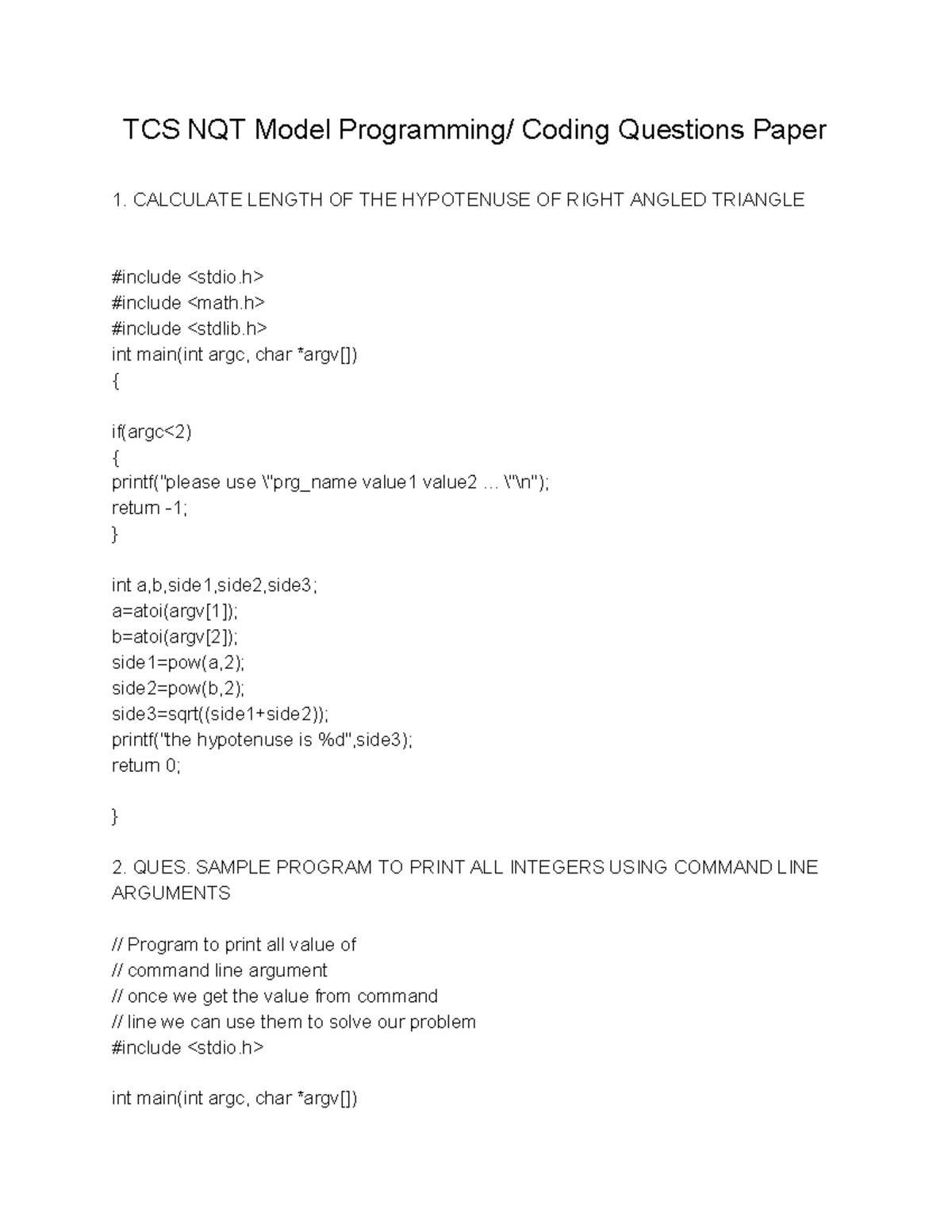 TCS NQT Model Programming Coding Questions & Sample Solutions - Studocu