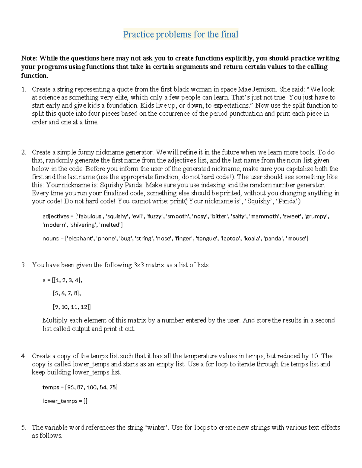 Final Exam-Practice Problems 9650 - Practice problems for the final ...