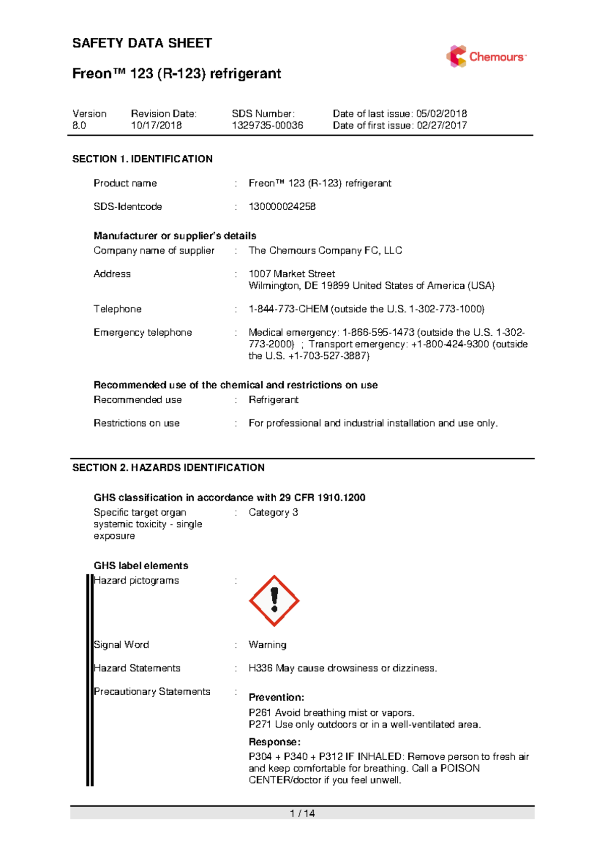Freon™ 123 (R-123) Safety Data Sheet (SDS) - Version 8 - Studocu