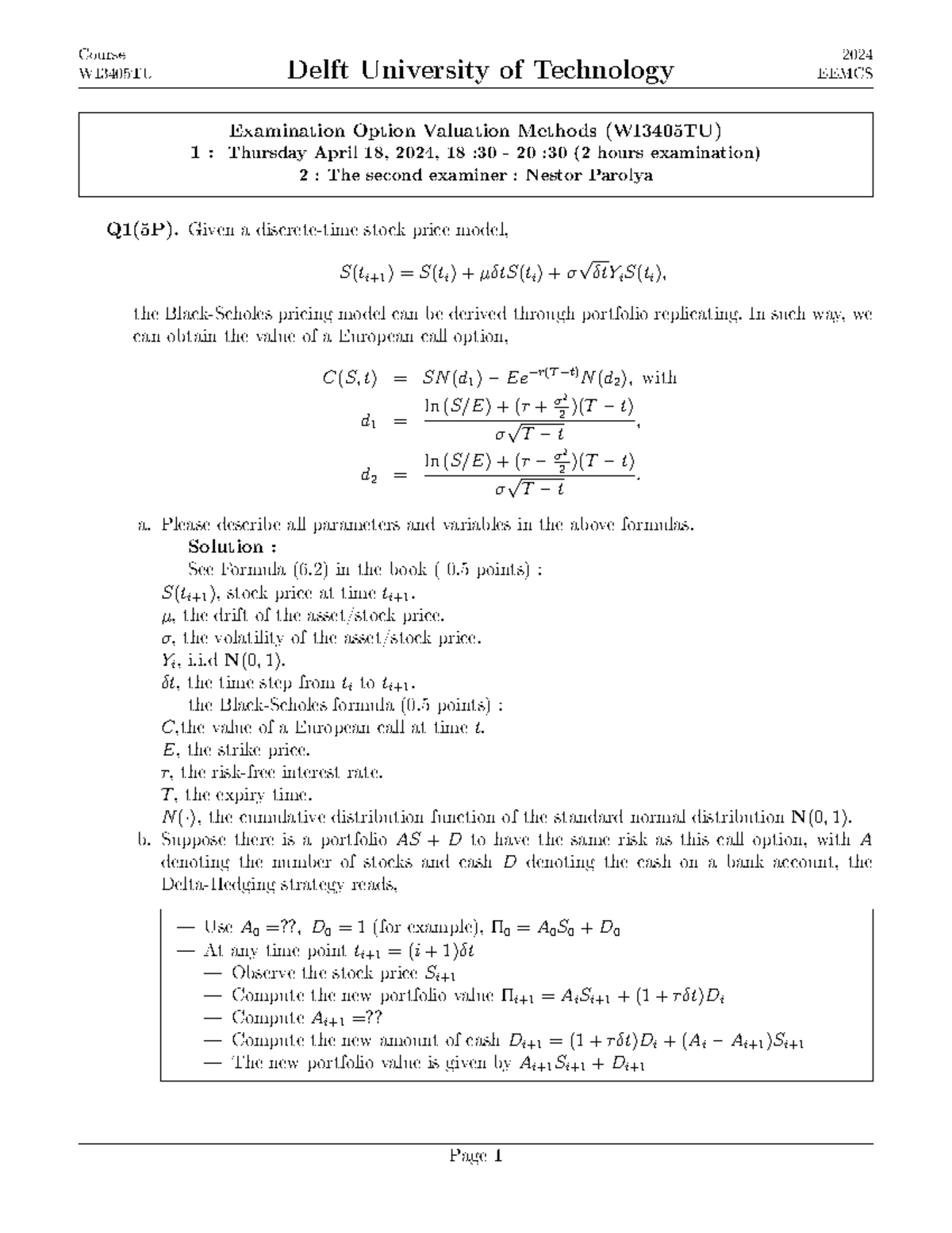WI3405TU 2024 EEMCS Resit Exam Solutions: Option Valuation Methods ...