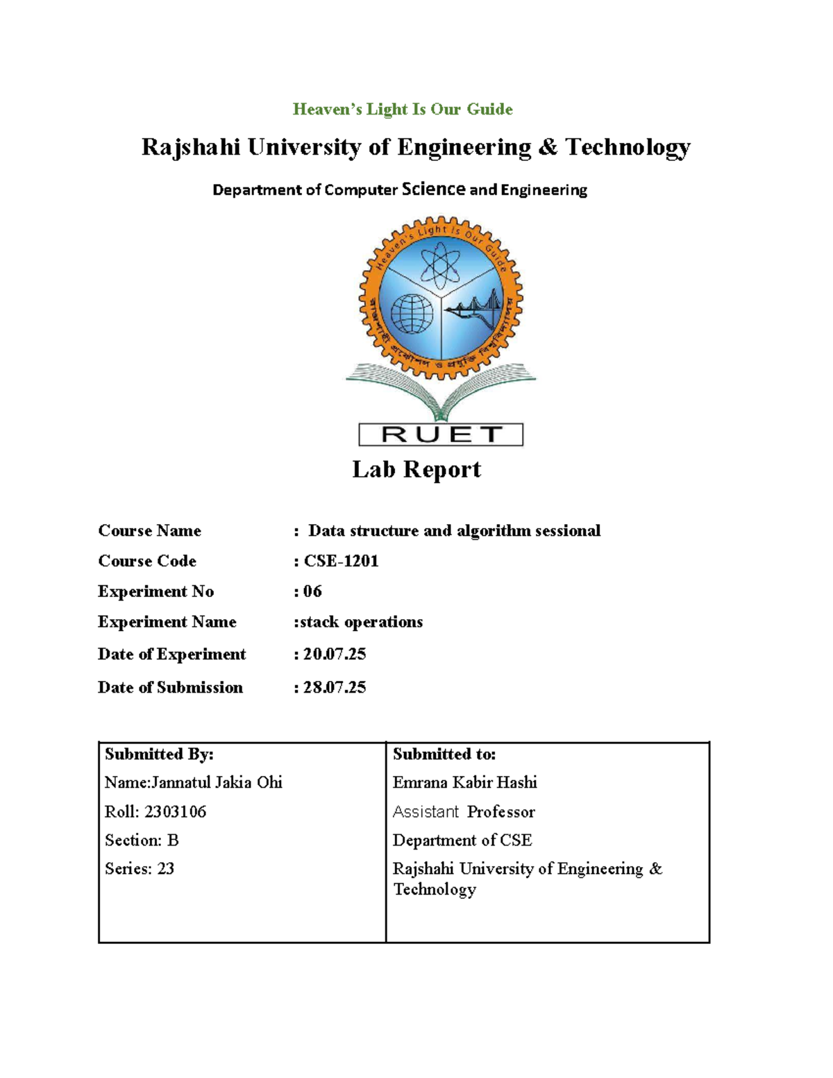 CSE 2303106 - Lab Report on Stack Operations and Expression Conversion ...
