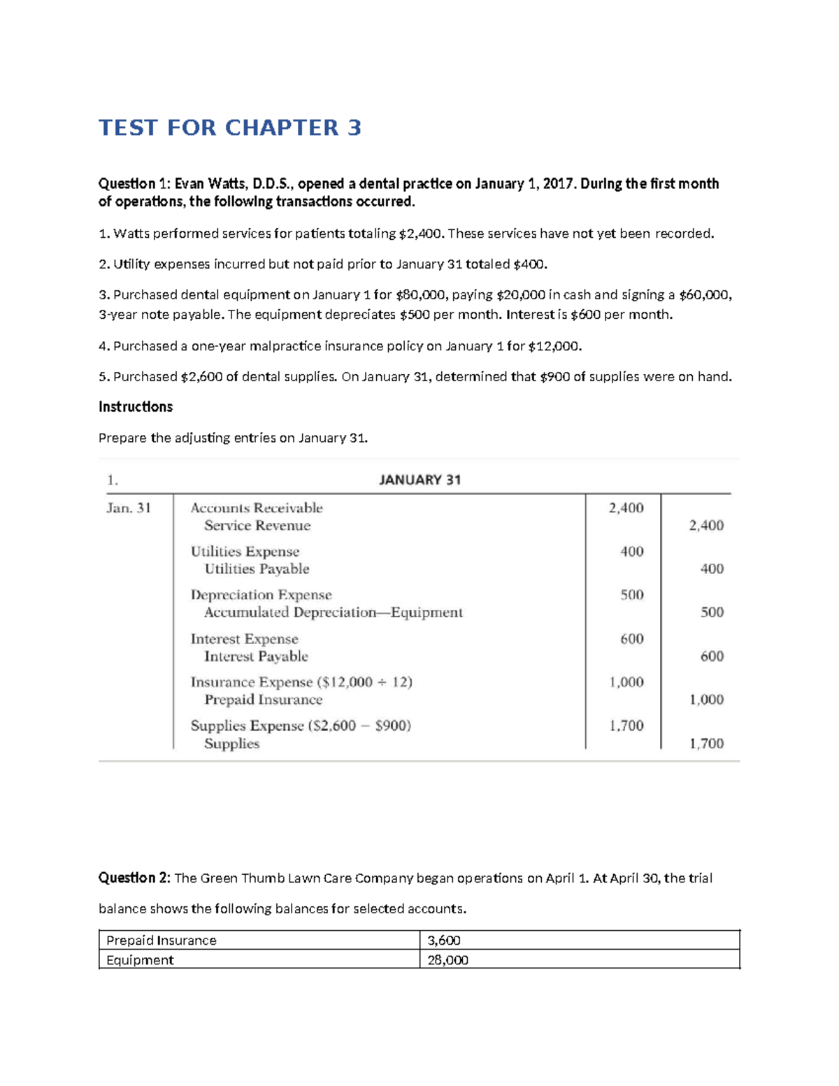 TEST FOR CHAPTER 3 - Adjusting Entries Solutions - Studocu