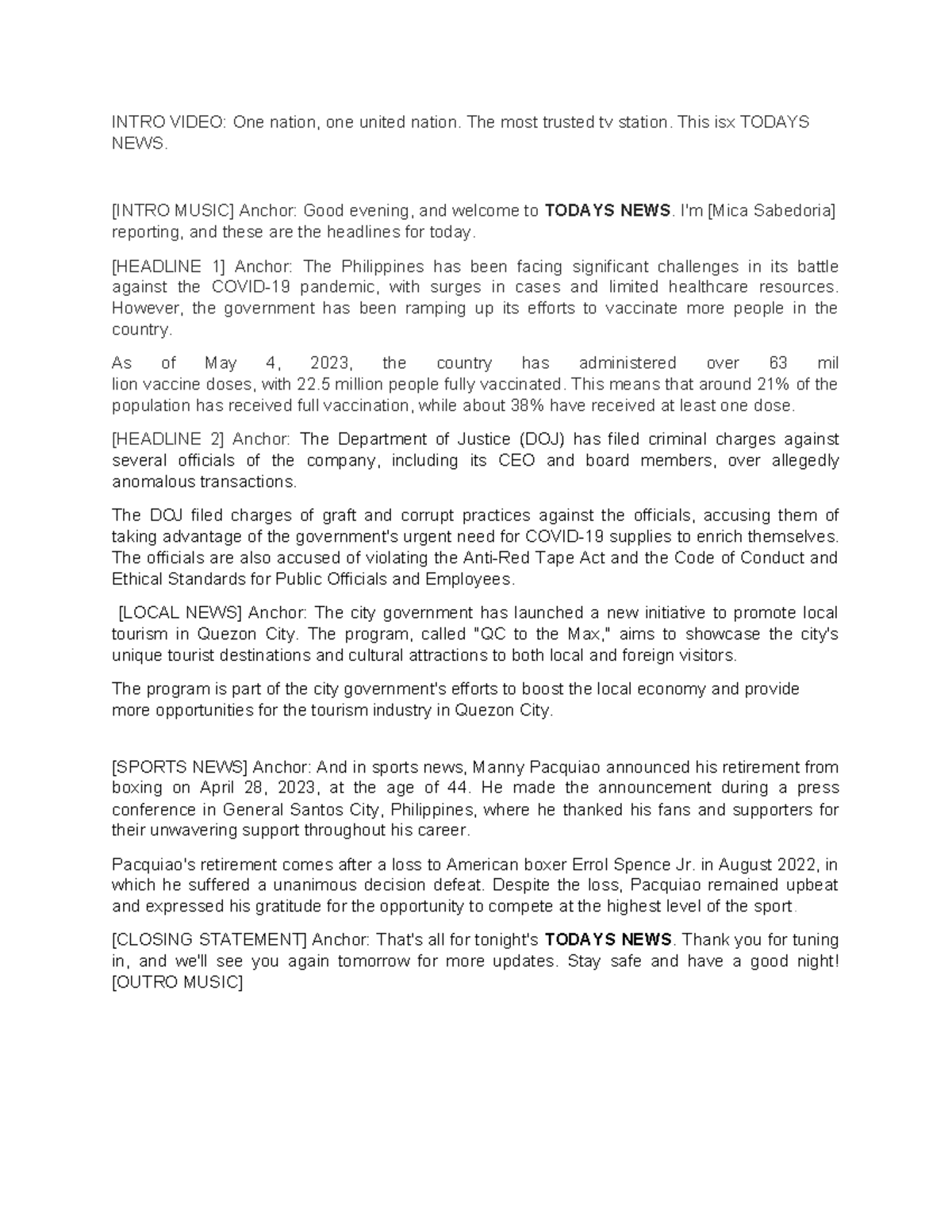 TV News Script: Today's News Highlights and Headlines - Studocu