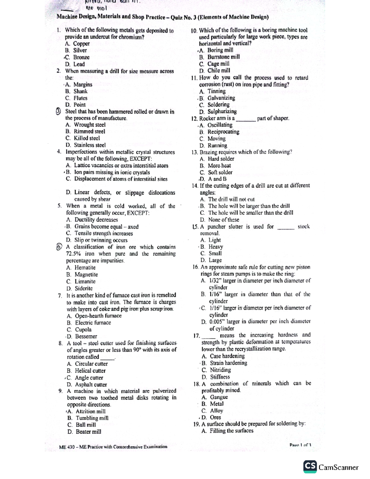 MD 430 - Quiz 3 Elements of Machine Design - Comprehensive Review - Studocu