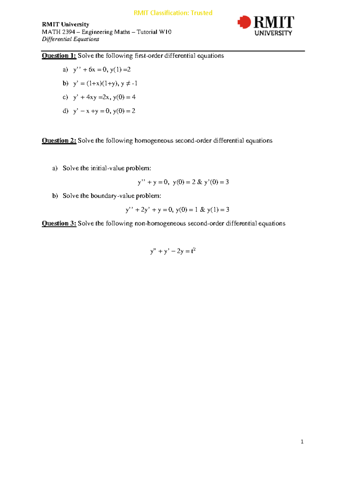Tutorial 10 Differential Equations - RMIT University MATH 2 394 ...