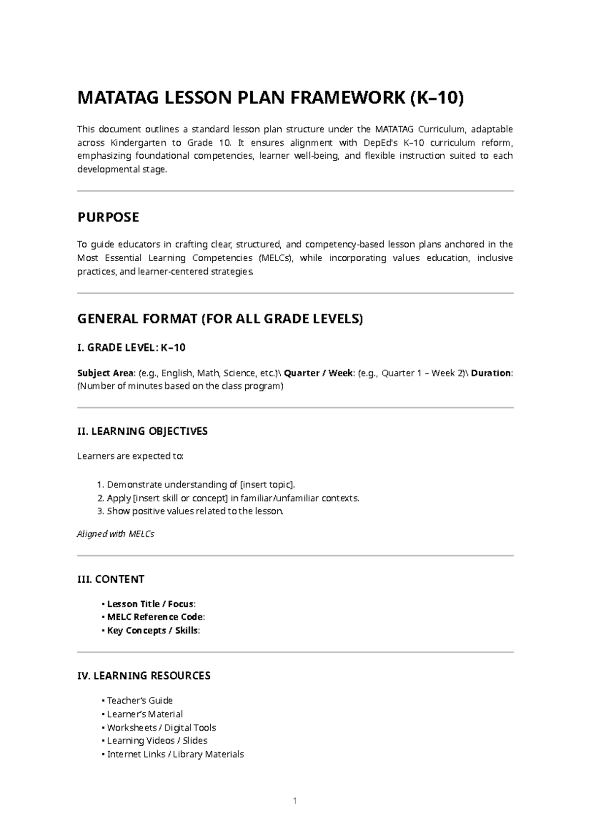 MATATAG LESSON PLAN FRAMEWORK: K-10 Curriculum Guide - Studocu