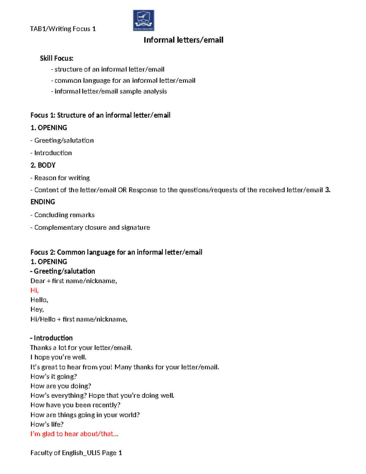 TAB1 Writing Focus 1: Informal Language Structure & Sample Analysis ...