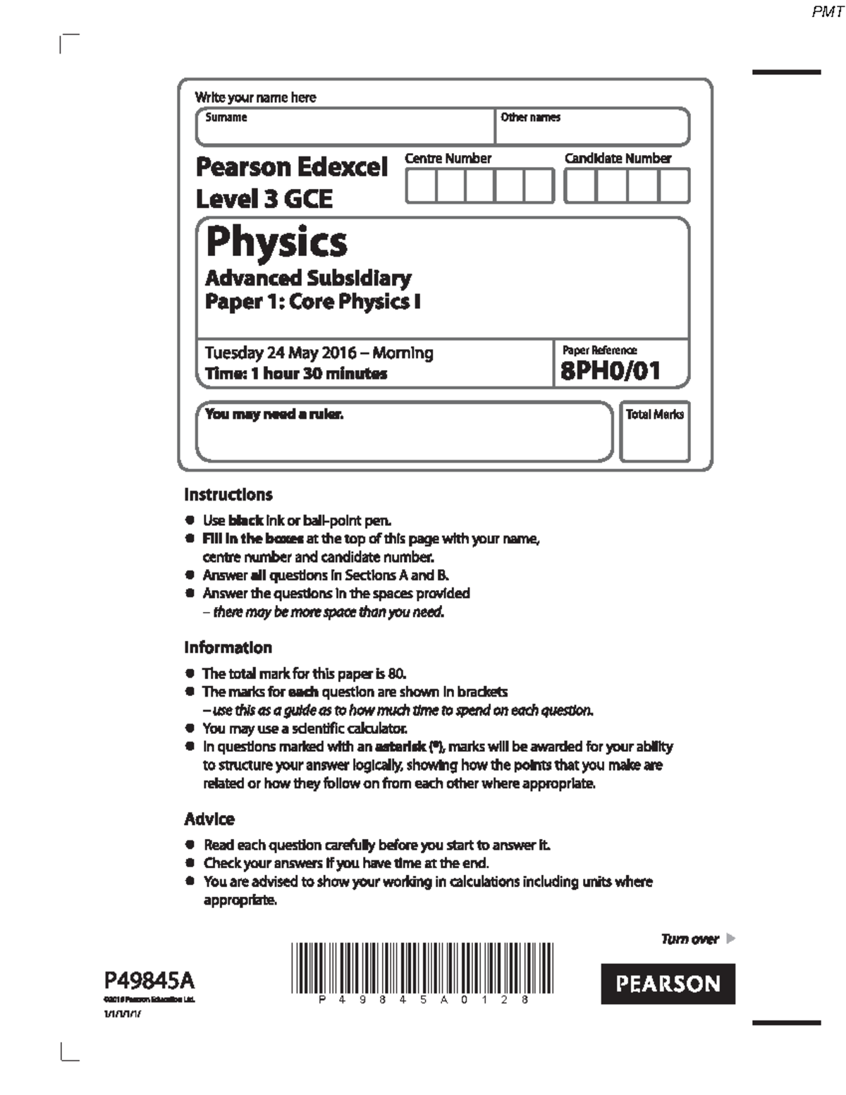 PMT AS-Level Physics June 2016 Question Paper - Section A - Studocu