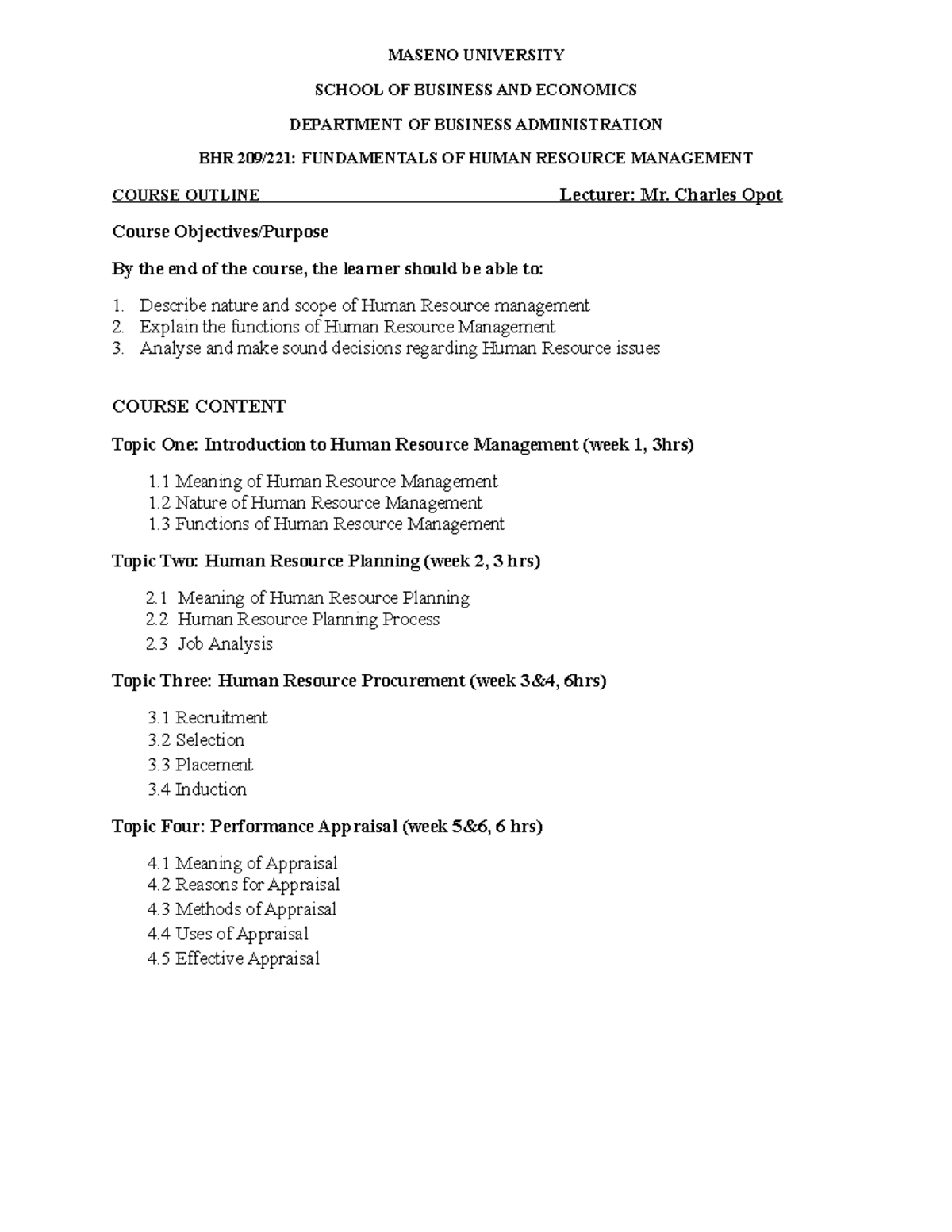 BHR 209 Course Outline: Fundamentals of Human Resource Management - Studocu