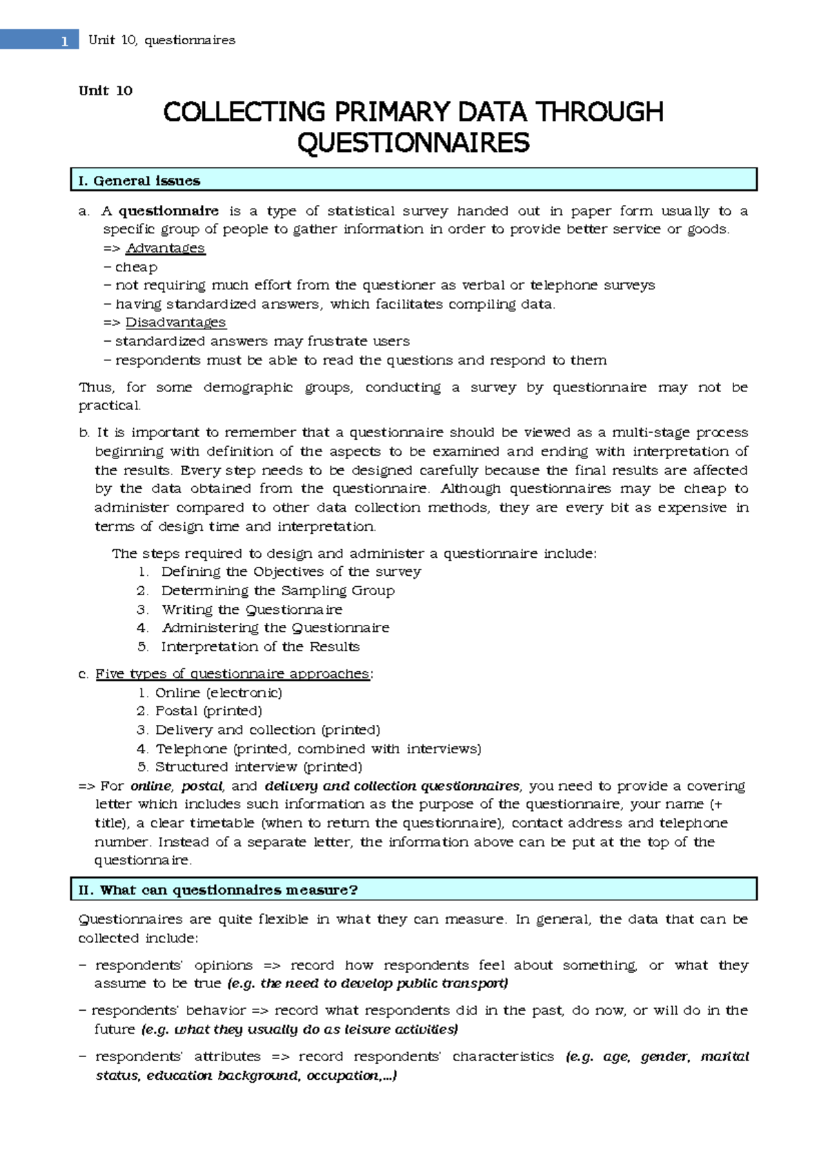 Unit 10, Collecting primary data through questionnaires - Unit 10 ...