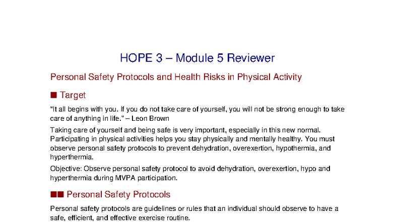 HOPE 3 Module 5 Reviewer: Personal Safety Protocols in Physical ...