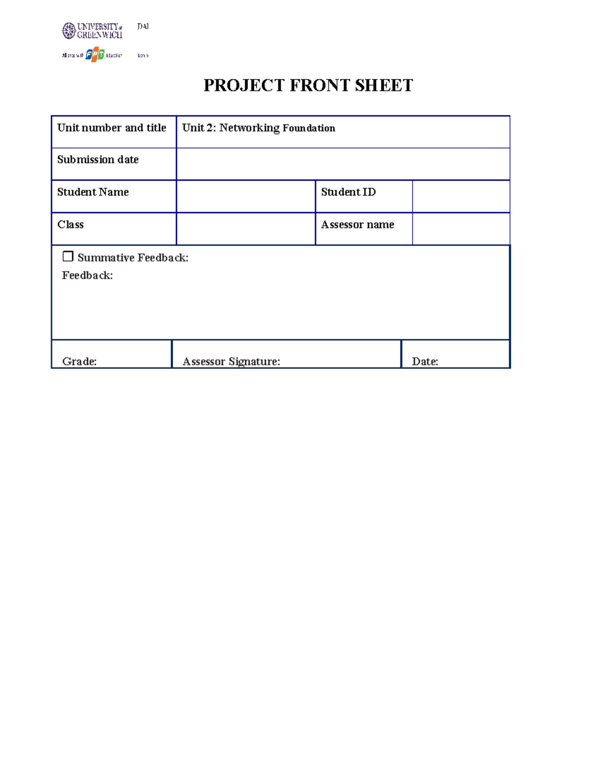 1 Unit 2 - Project frontsheet (1) - PROJECT FRONT SHEET Unit number and ...