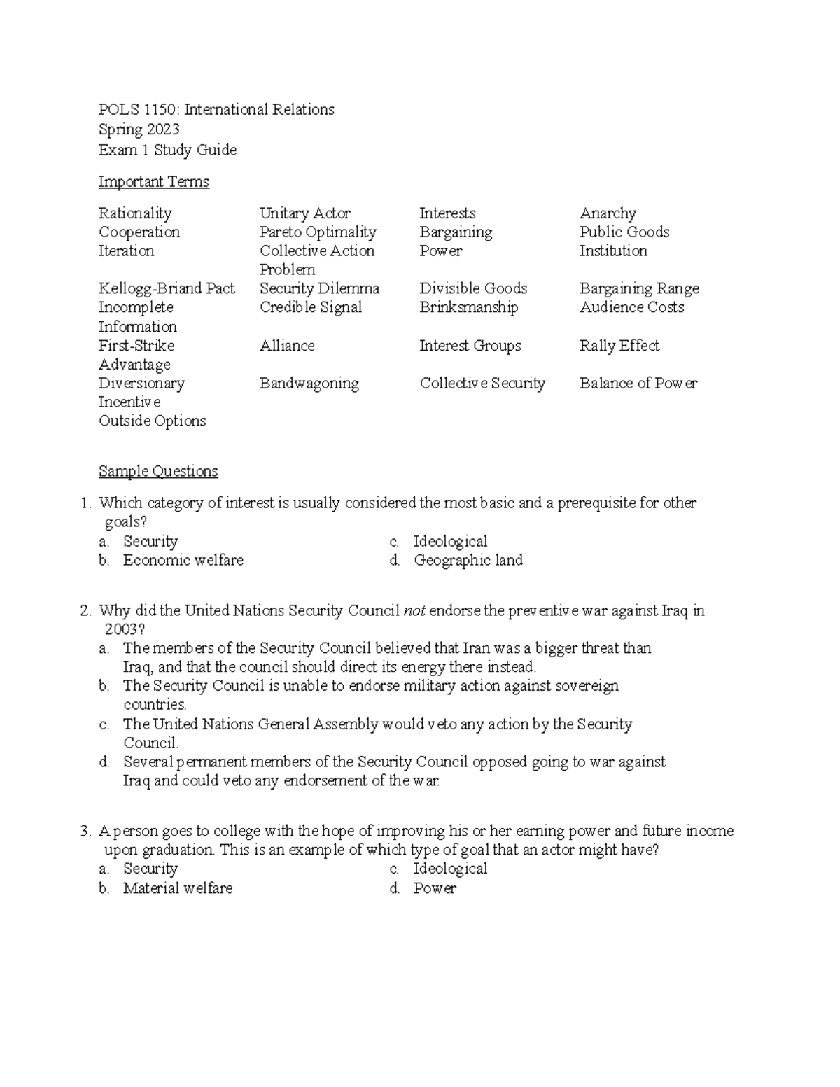 POLS 1150 Exam 1 Study Guide - POLS 1150: International Relations ...