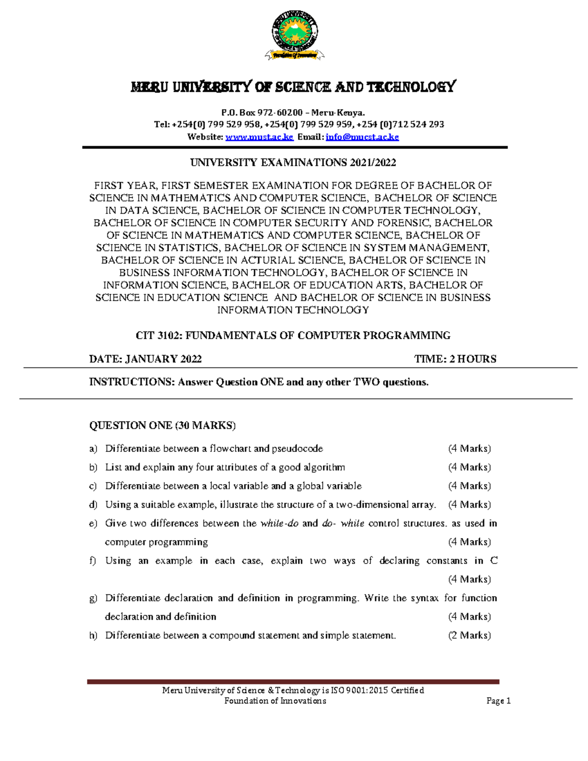 CIT 3102 Fundamentals OF Computer Programming 1 - Meru University of ...