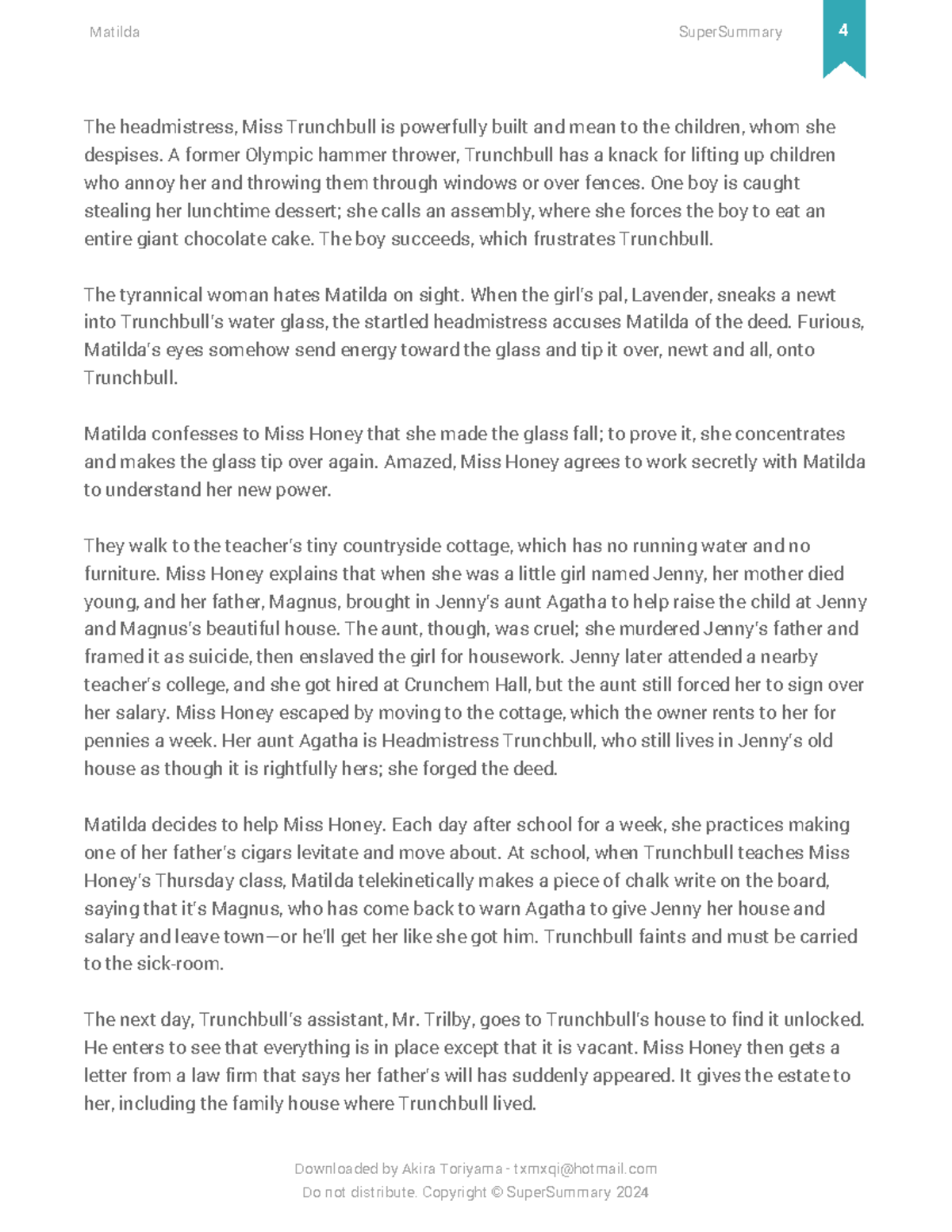 Matilda - Super Summary Study Guide 5 - The headmistress, Miss ...