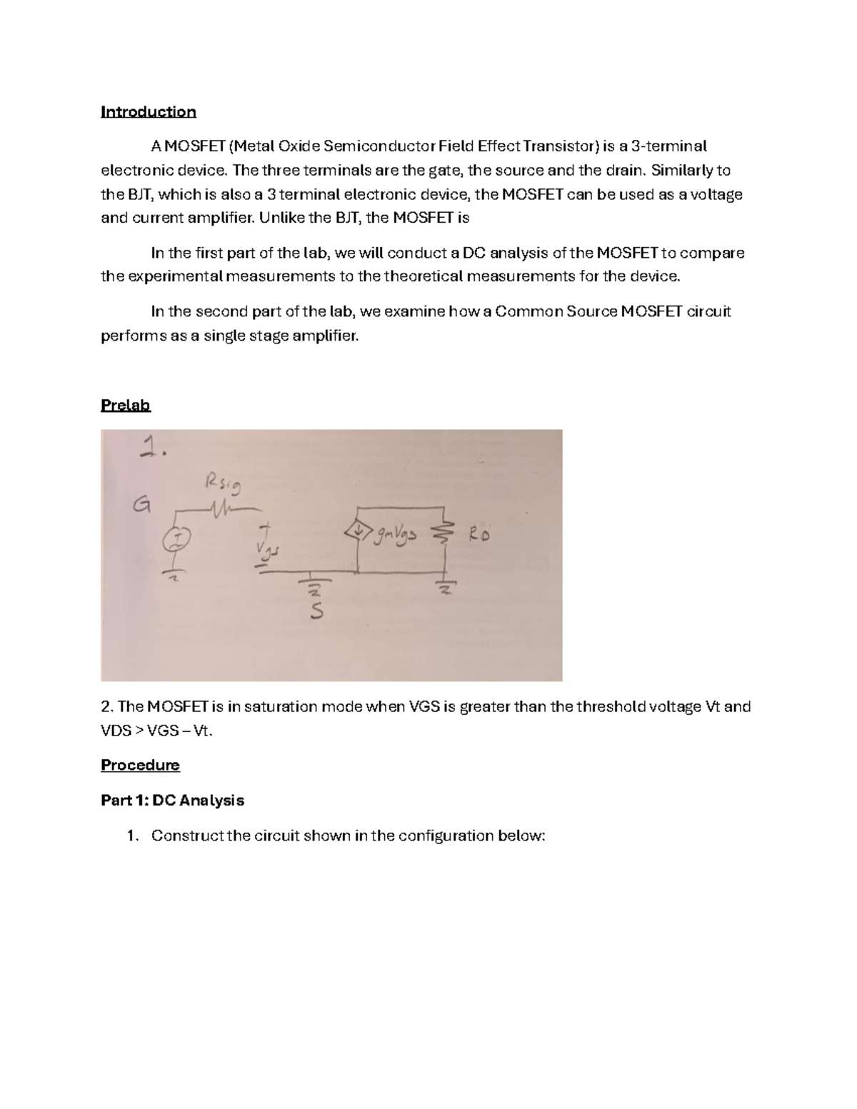 ELEC 311 Lab 4: MOSFET DC Analysis & Amplifier Performance Report - Studocu