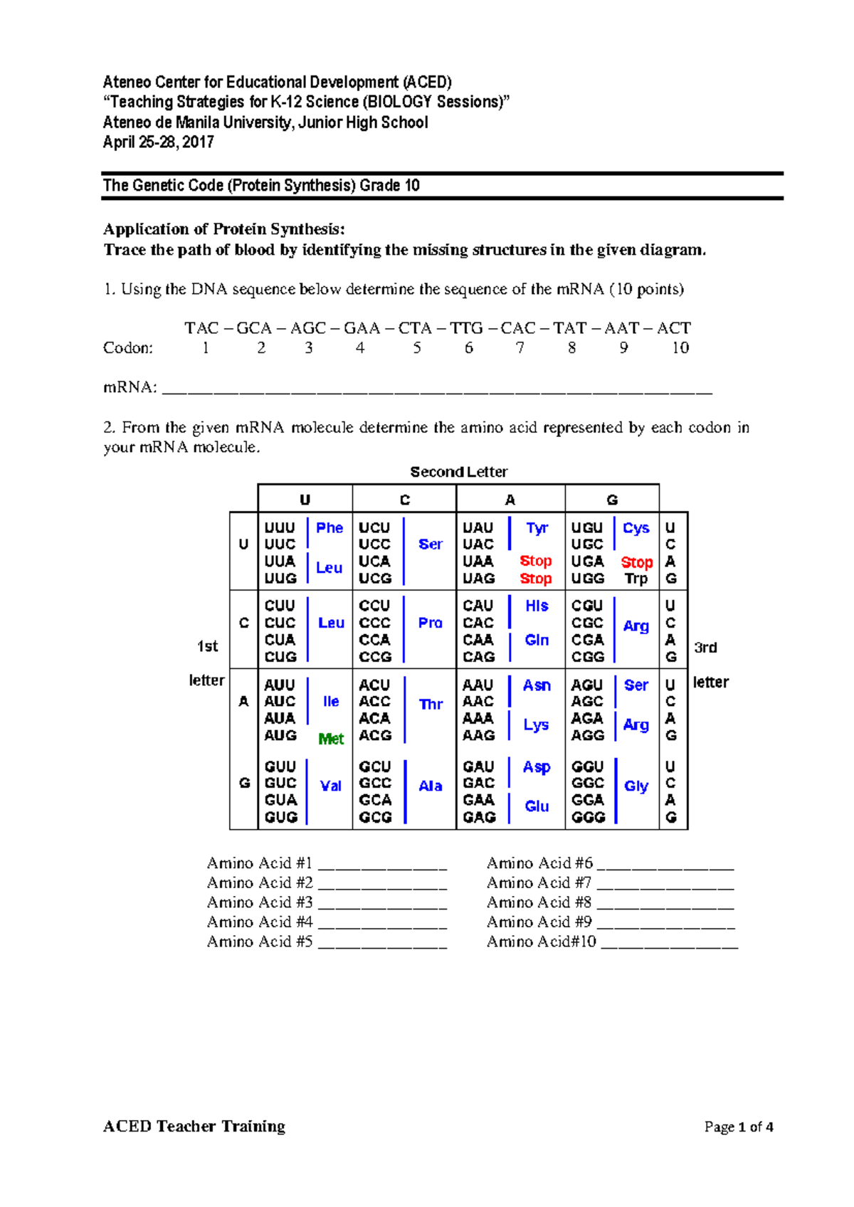 Genetic Code Handout ACED Teacher Training - “Teaching Strategies for K ...