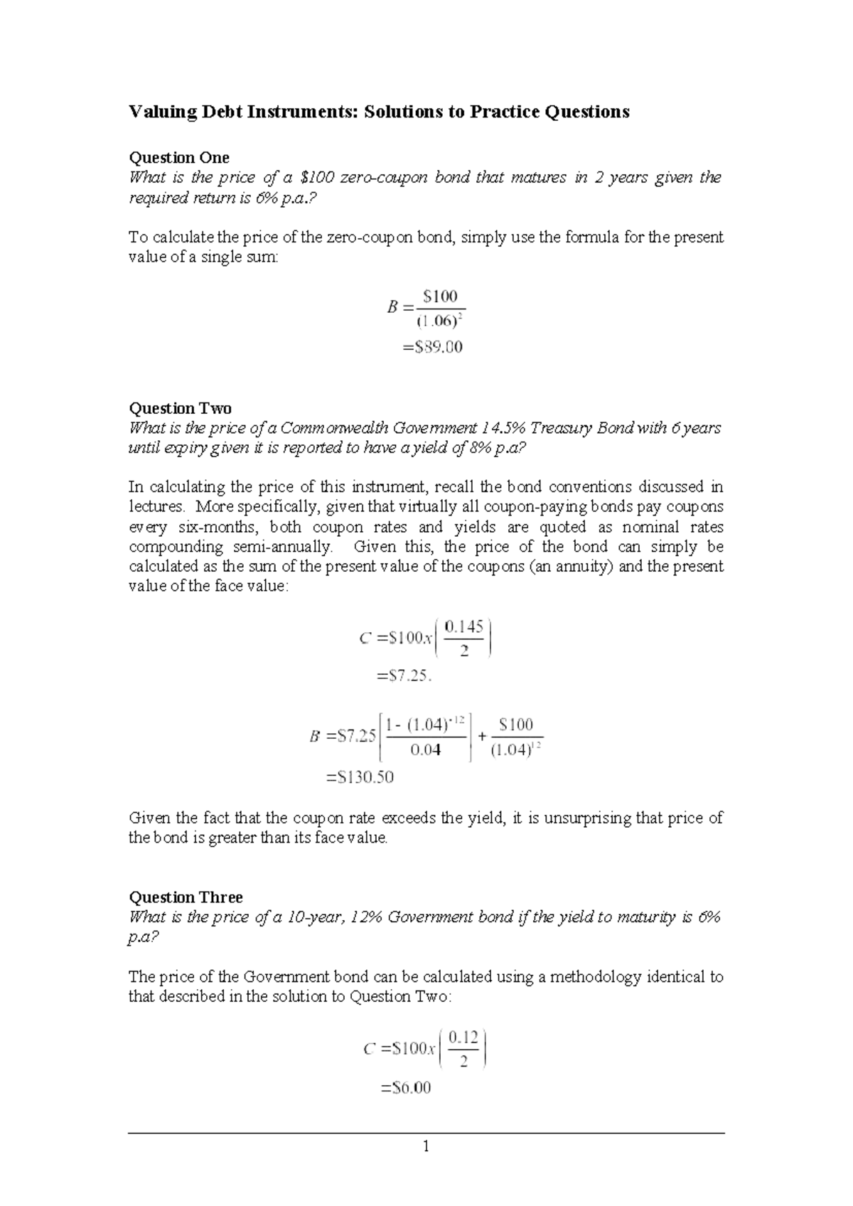 Valuing Debt Instruments: Solutions to Practice Questions - Studocu