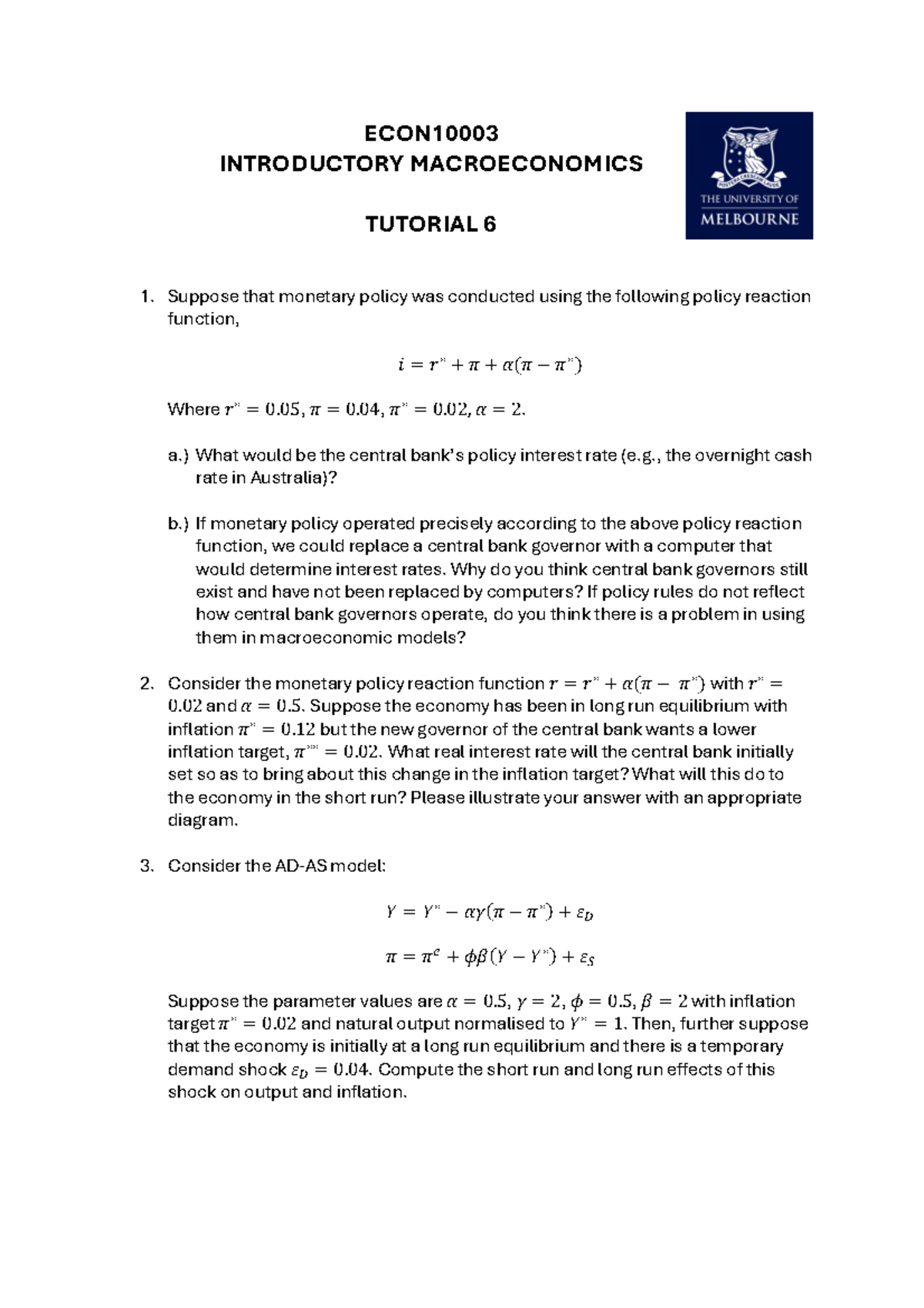 ECON 101: Tutorial 6 - Monetary Policy Reaction Functions and Impacts ...