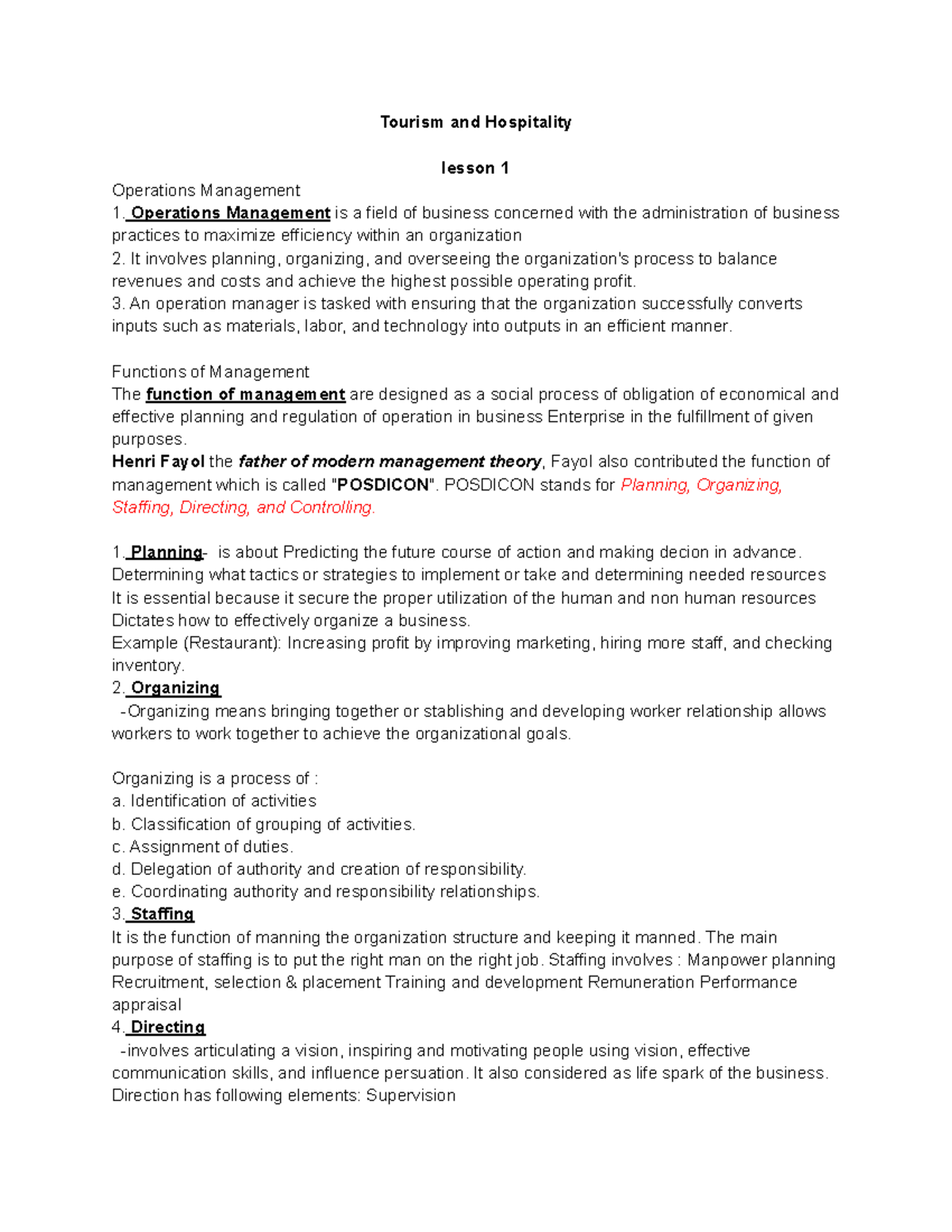 Tourism and Hospitality Operations Management: Lesson 1 Overview - Studocu