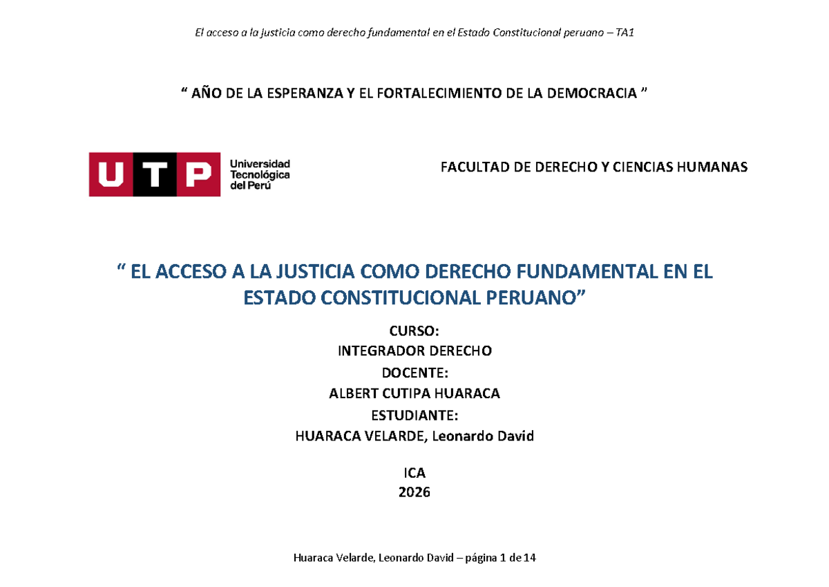 TA1: El Acceso a la Justicia como Derecho Fundamental en el Perú - Studocu