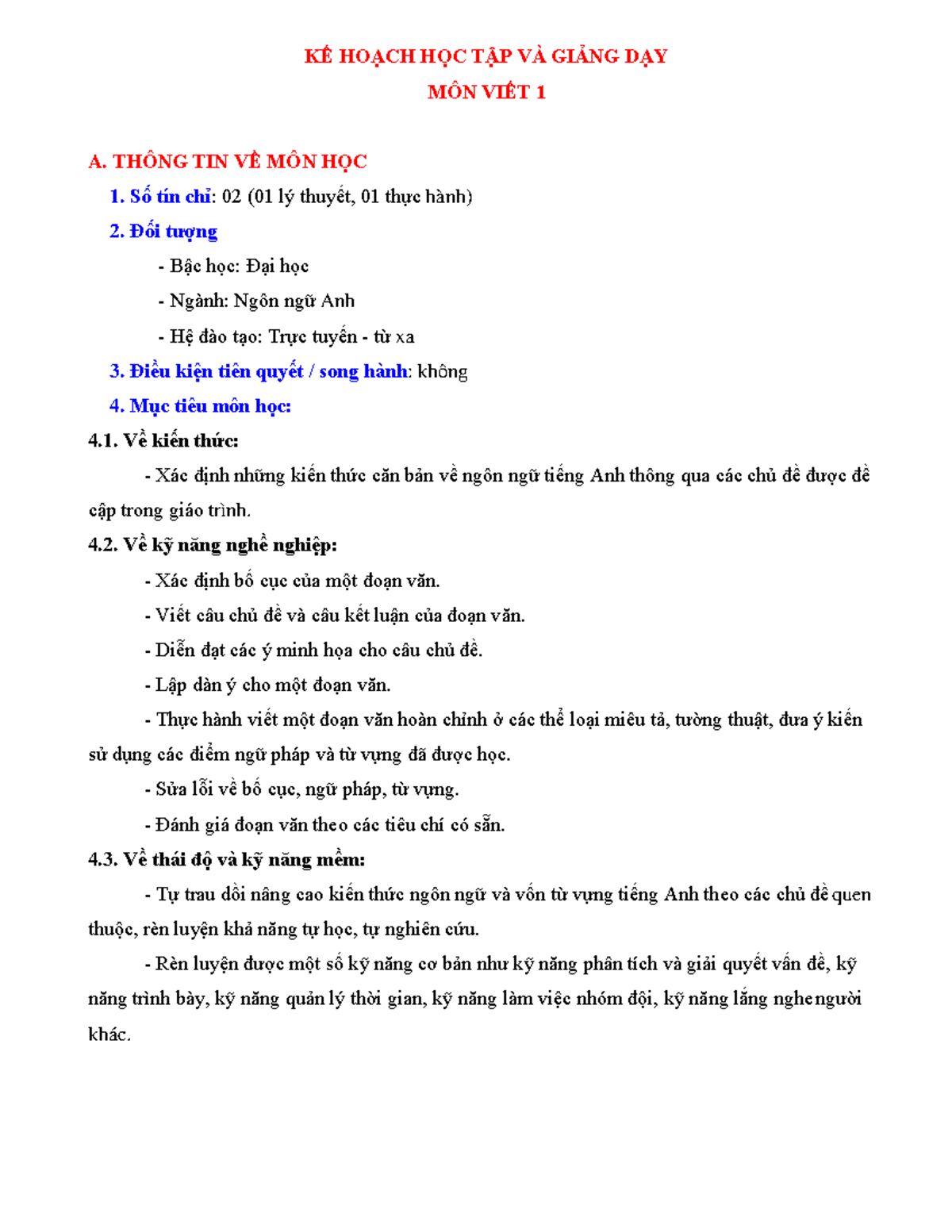 Writing 1 - Learning and teaching plan - KẾ HOẠCH HỌC TẬP VÀ GIẢNG DẠY ...