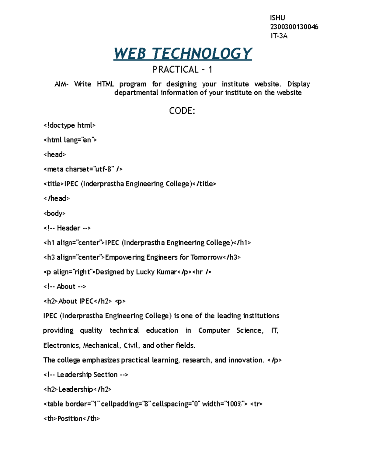 ISHU 2300300130046 Web Technology Practical 1: Designing an Institute ...