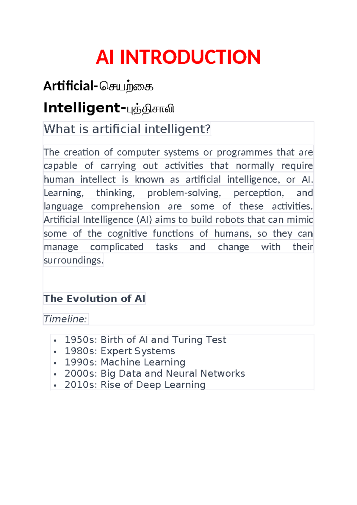 AI Introduction - Summaries - AI INTRODUCTION Artificial- செ யற்கை ...