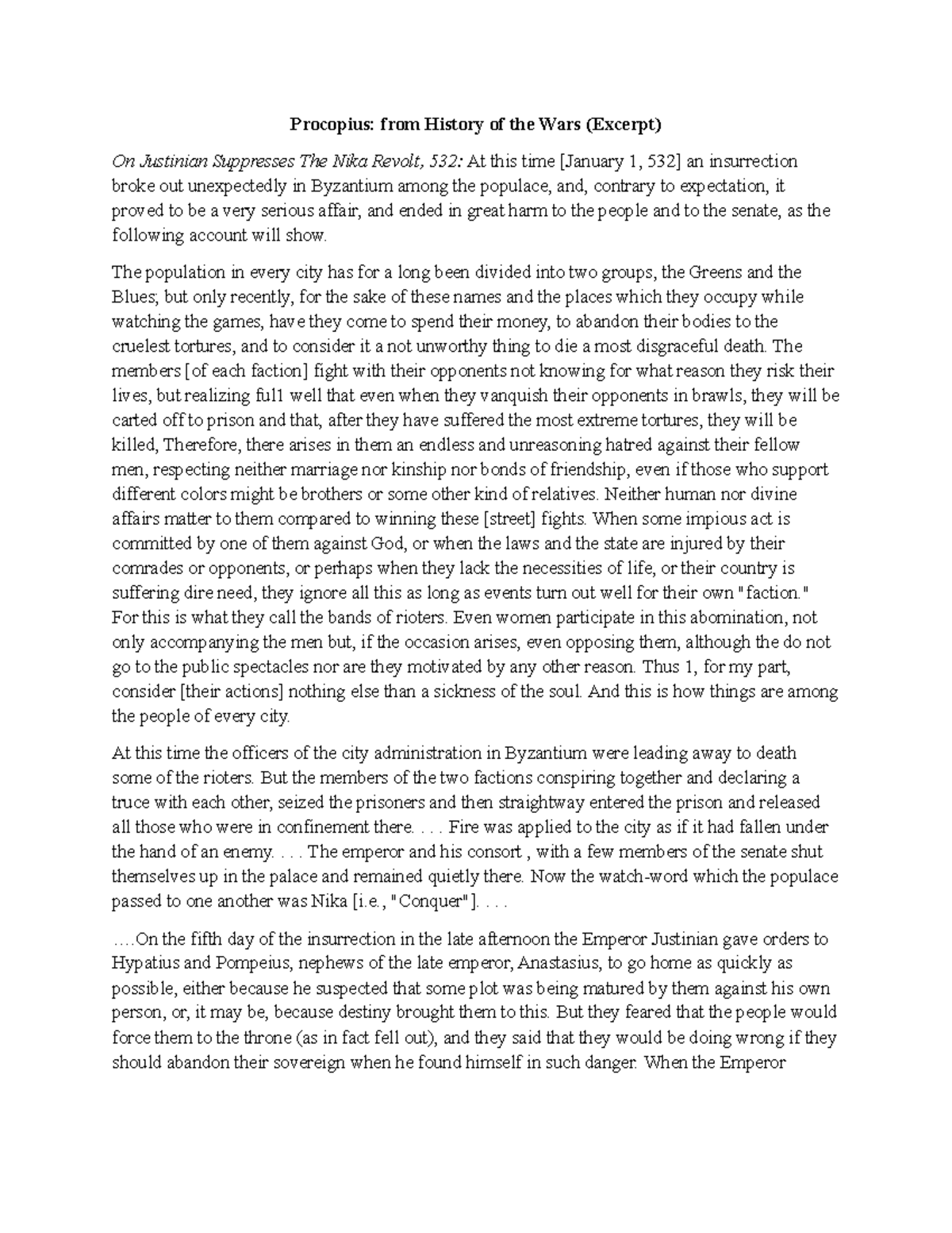 Procopius: History of the Wars Excerpts on the Nika Revolt, 532 - Studocu