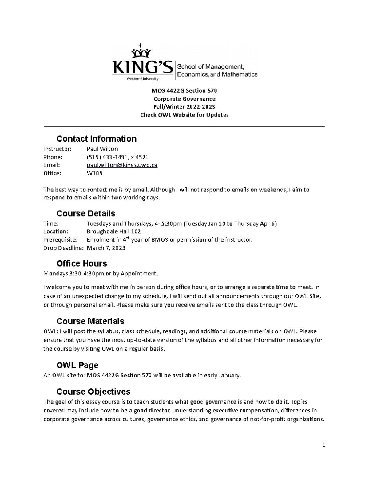 MOS 4422G Corporate Governance Course Outline - Fall/Winter 2022 - Studocu