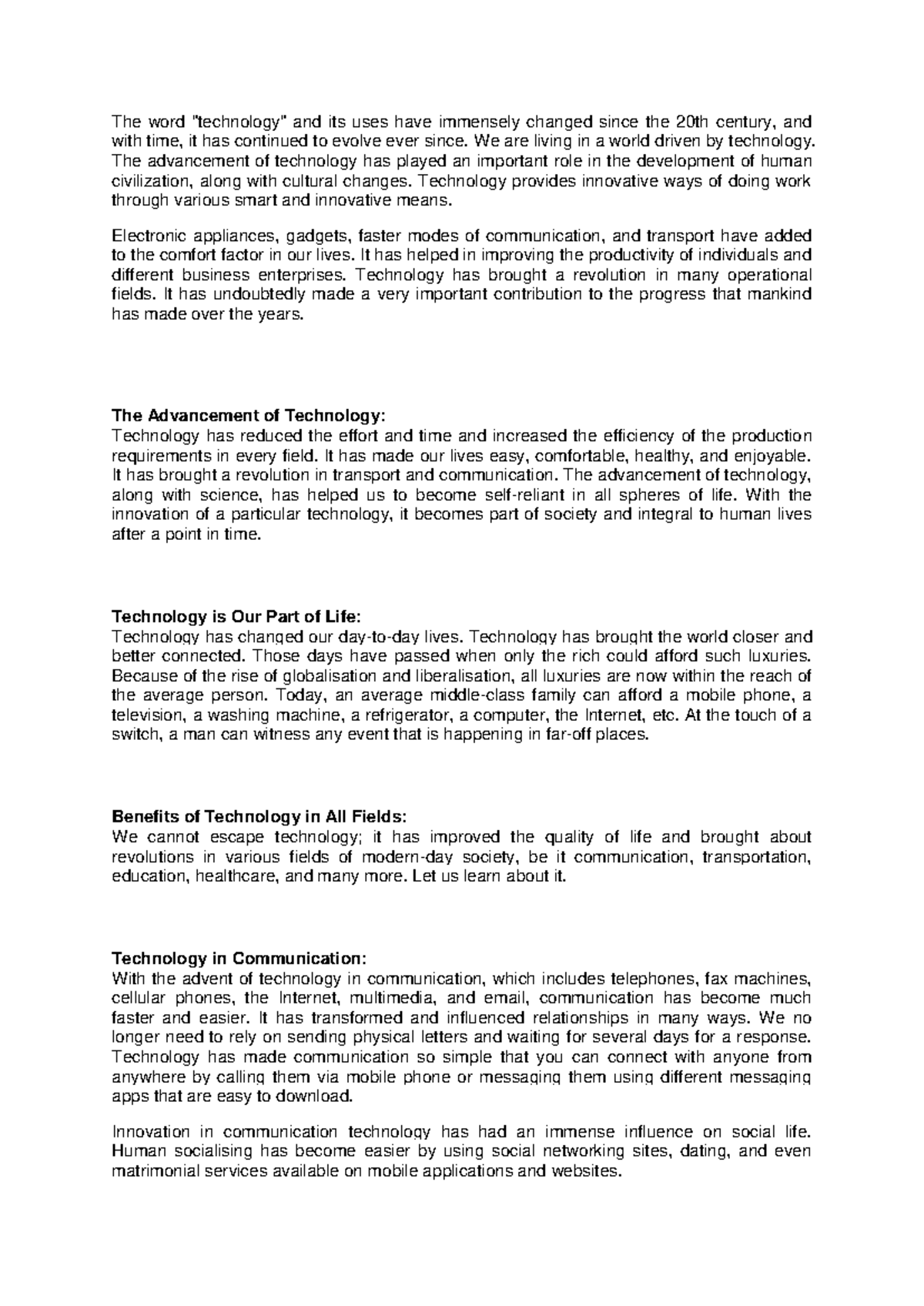 English Essay: The Impact of Technology on Society and Life - Studocu