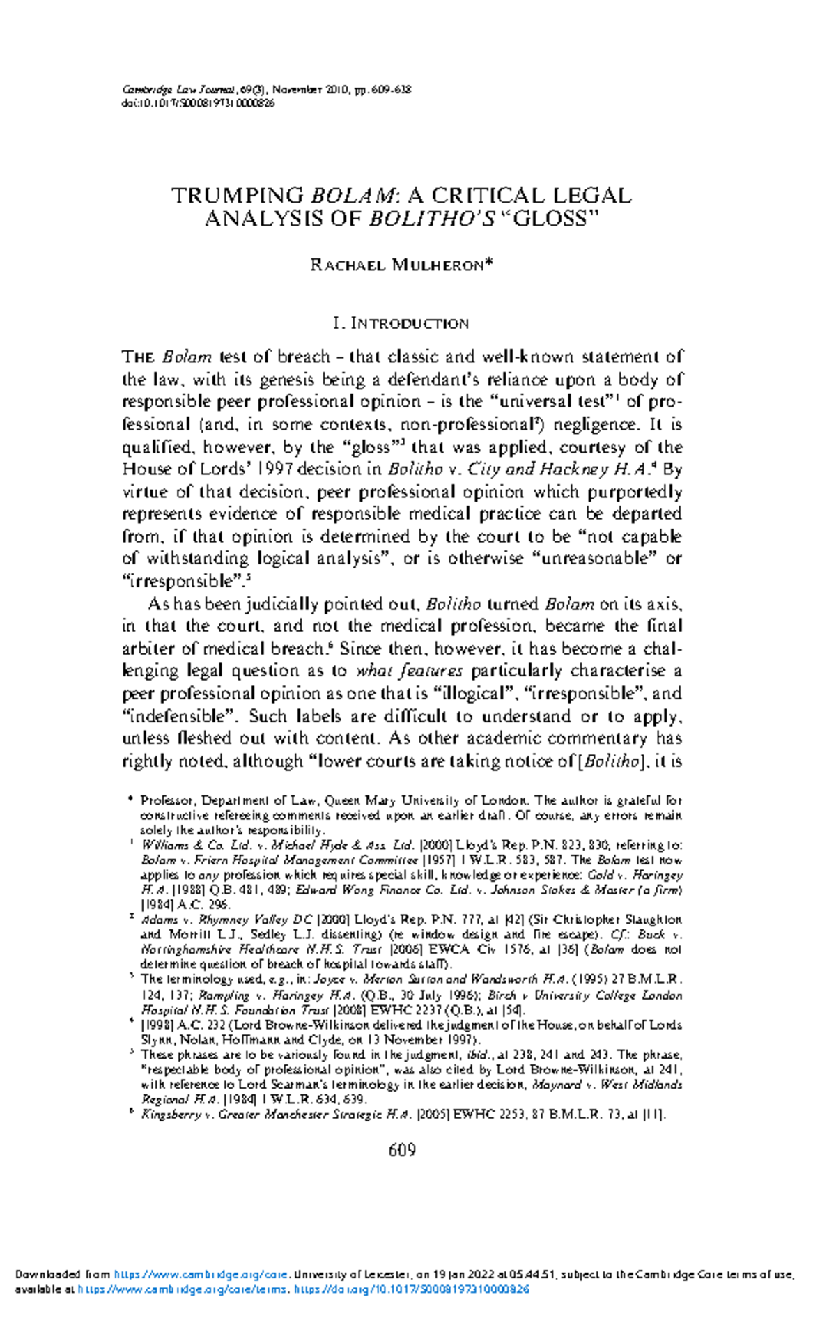 Legal Analysis of Bolam and Bolitho: A Critical Review - Studocu