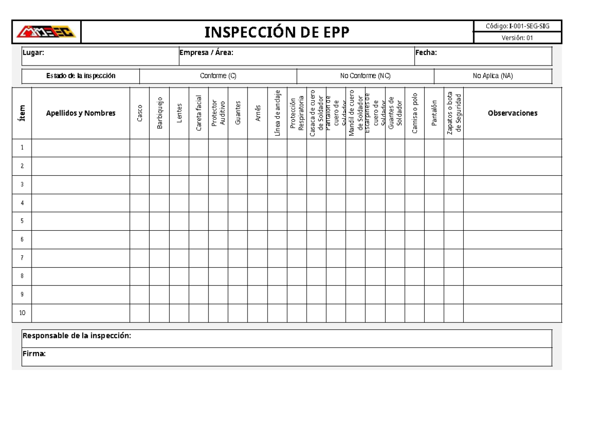 Inspección de EPP: Check-list para Estudio y Evaluación - Studocu