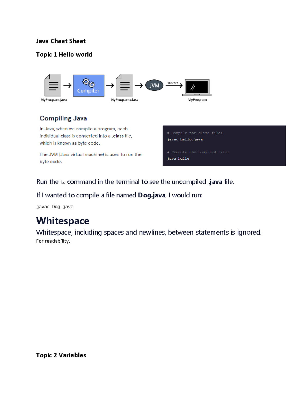 Java Cheat Sheet - Java Cheat Sheet Topic 1 Hello world Run the ls ...