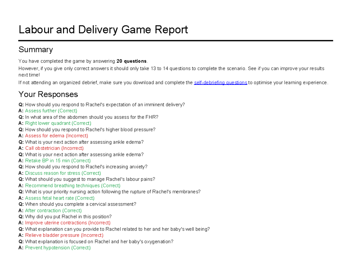 Labour and Delivery Game Report Summary: Performance Review - Studocu