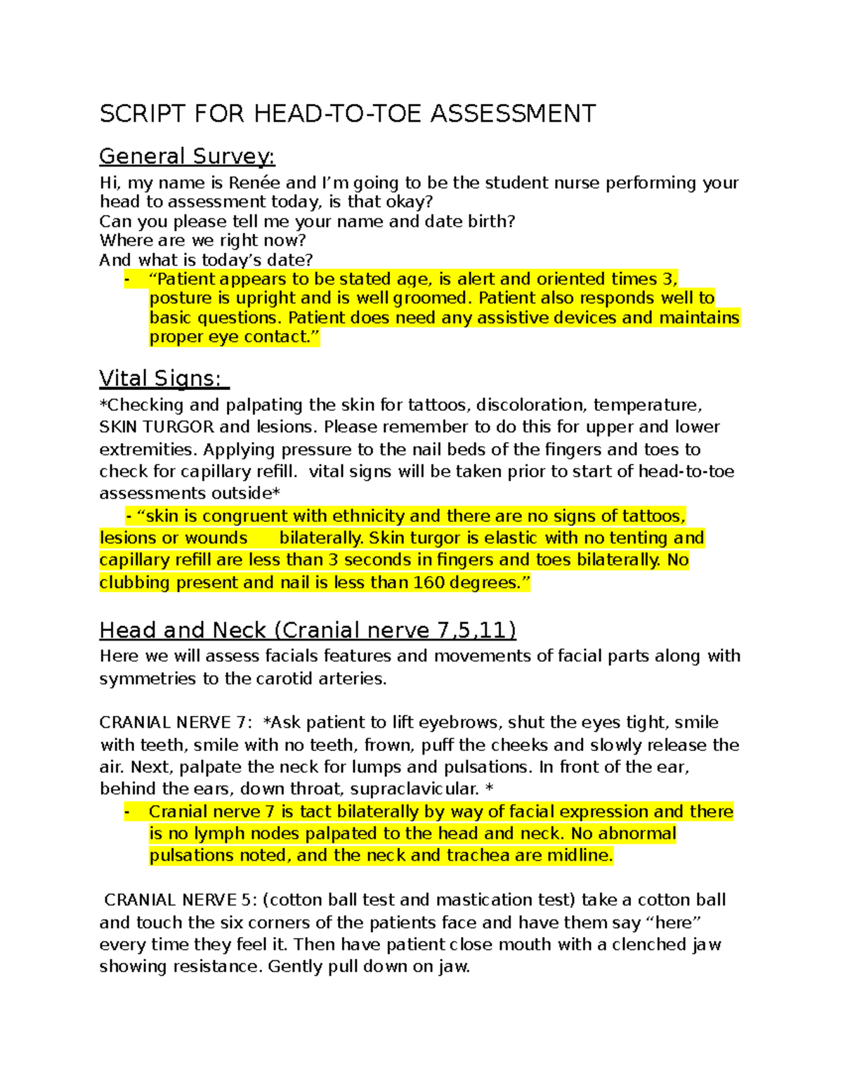 SCRIPT FOR HEAD TO TOE ASSESSMENT - NURSING 101 - Studocu