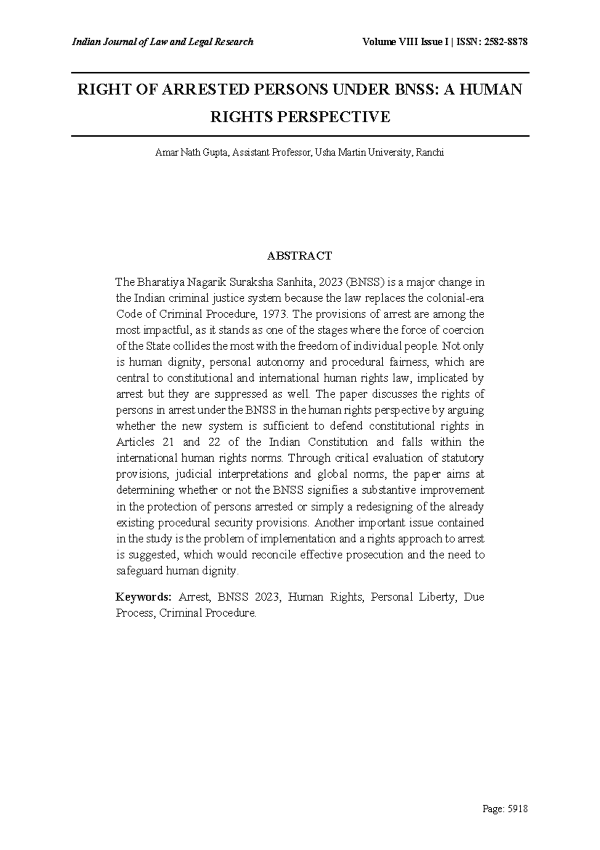 384. Rights of Arrested Persons Under BNSS: A Human Rights Perspective ...