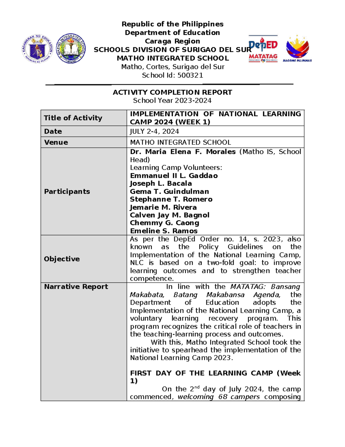 Activity Completion Report: NLC Implementation 2024 (Week 1) - Studocu